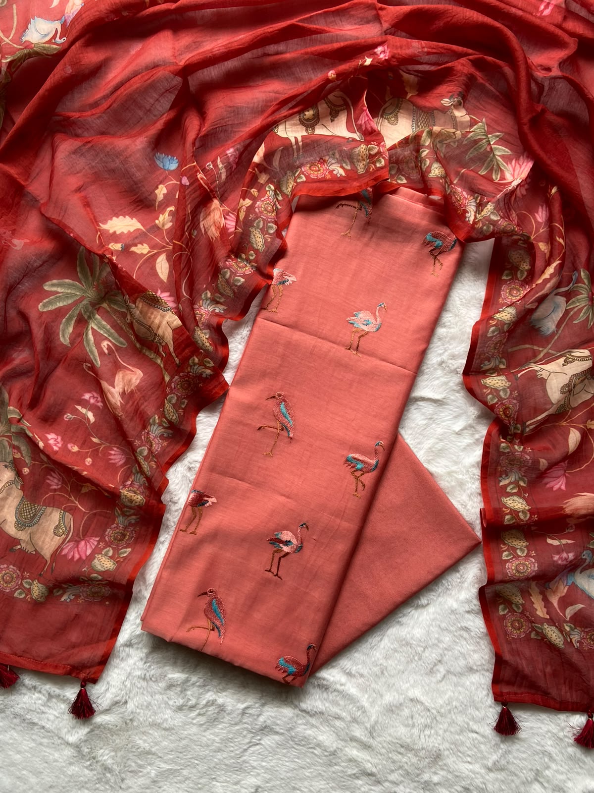 Red Mul Cotton Embroidery Suit Set