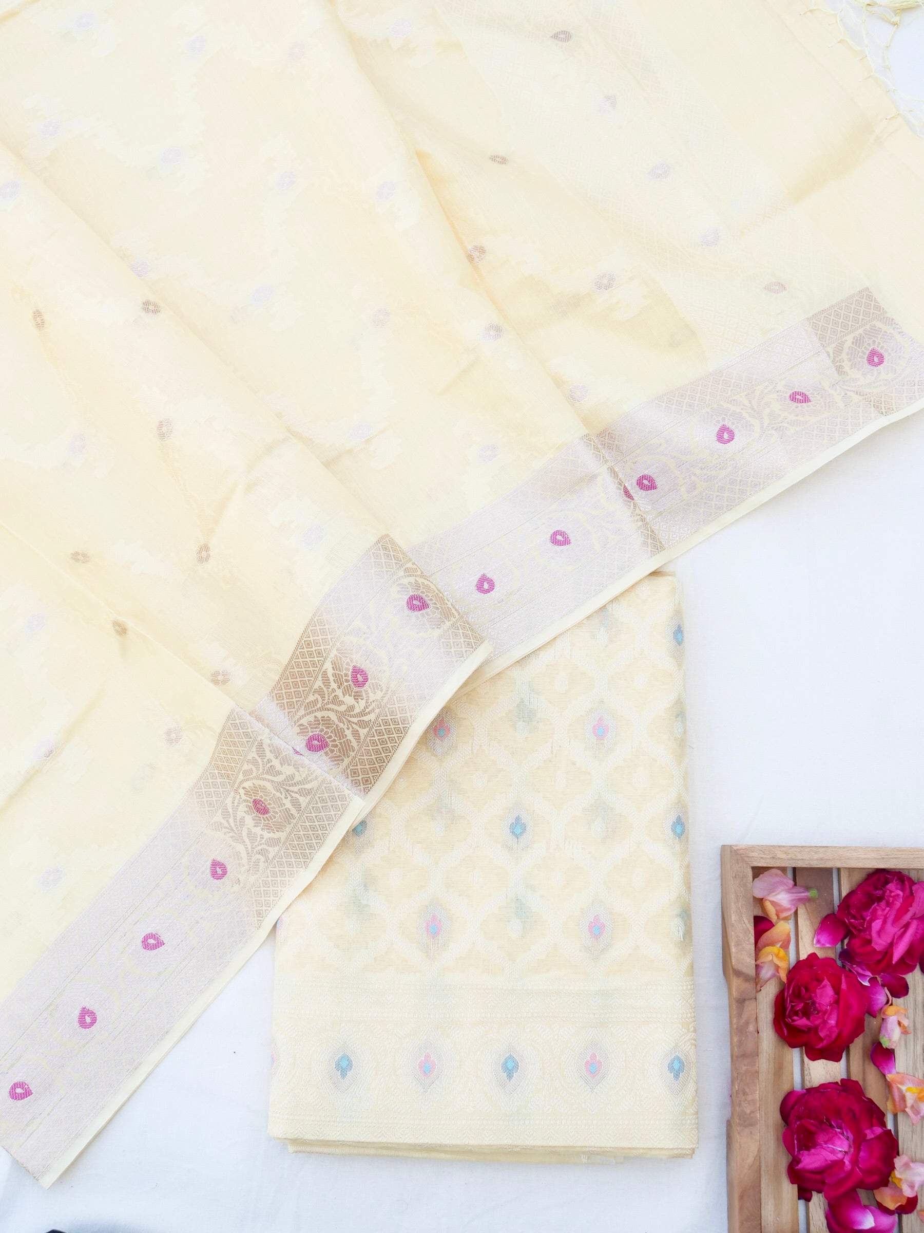 yellow Banarasi Cotton Silk Unstitched Suit Set