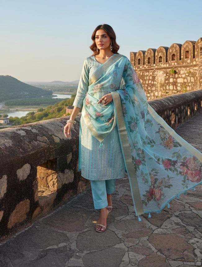 Sky Blue Striped Zari Chanderi Cotton Banarasi Suit Fabric