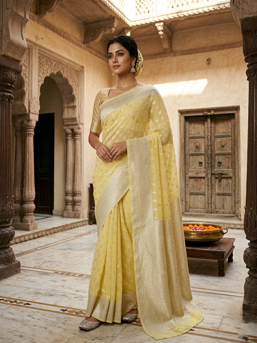 Yellow Georgette Silk Buti Banarasi Saree
