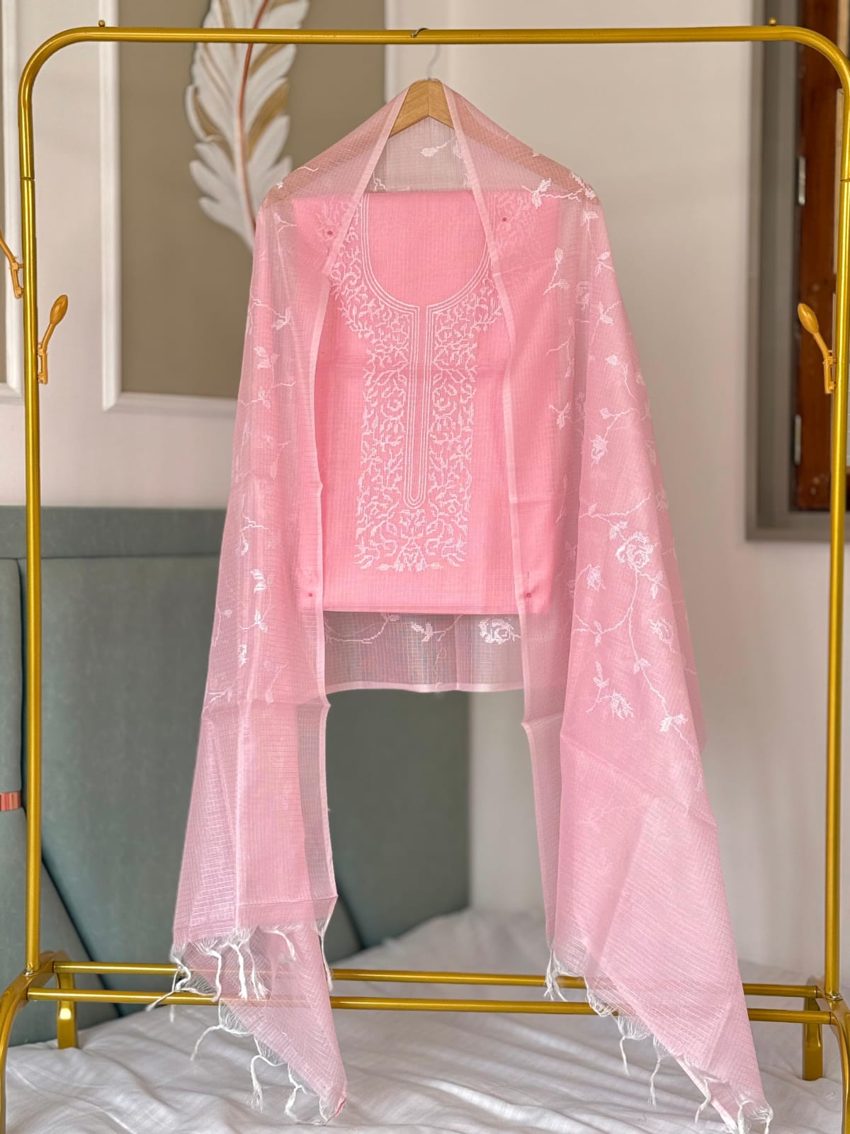 Pink Kota Silk Embroidered Unstitched Suit