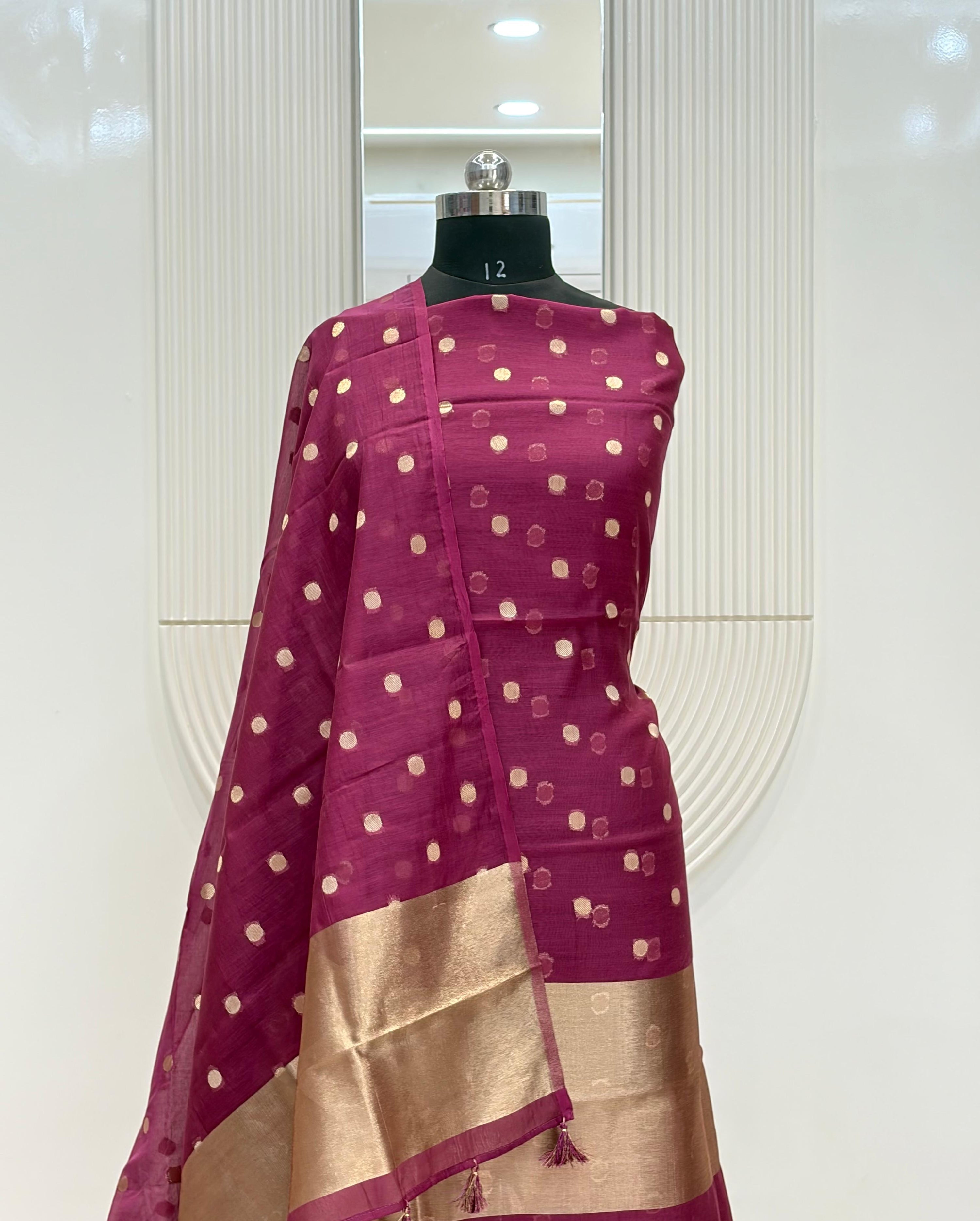 Maroon Mul Chanderi Silk Zari Buti Suit Fabric