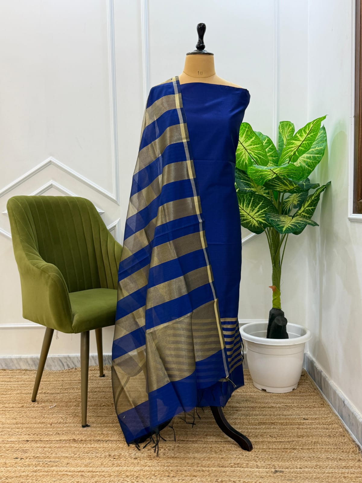 Blue Cotton Silk Suit With Stripe Zari Dupatta