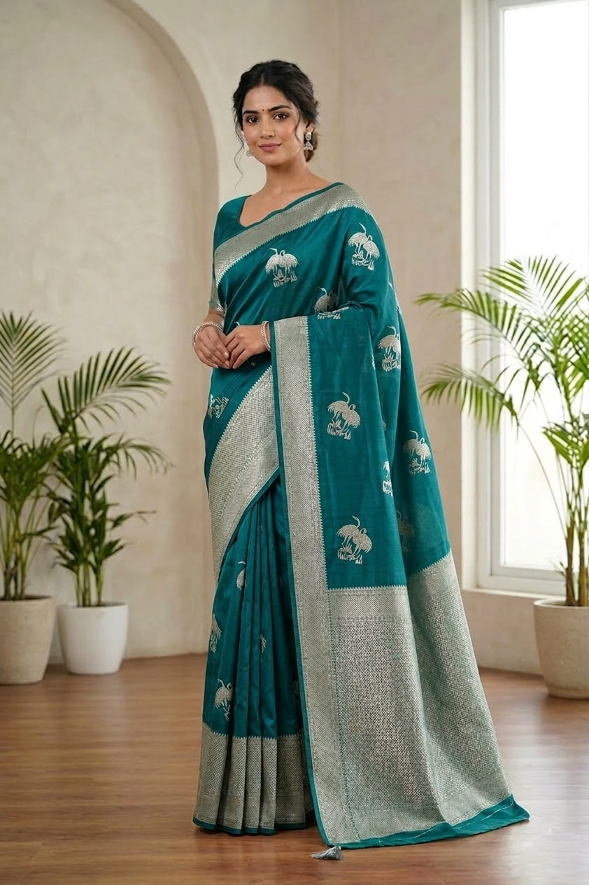Green Banarasi Mashru Saree Buti Shikargah