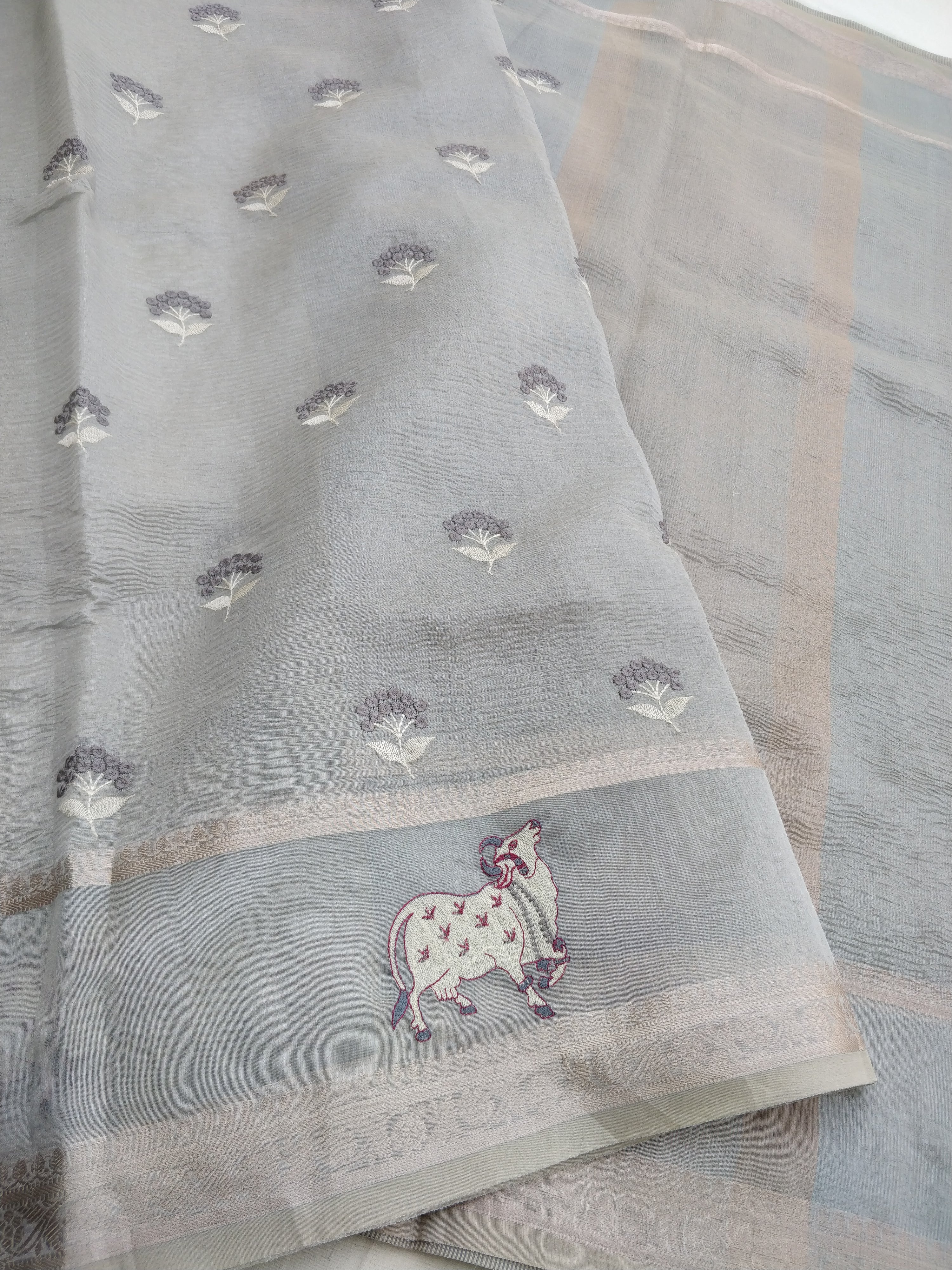 Gray Tissue Silk Pichwai Saree With Embroidery