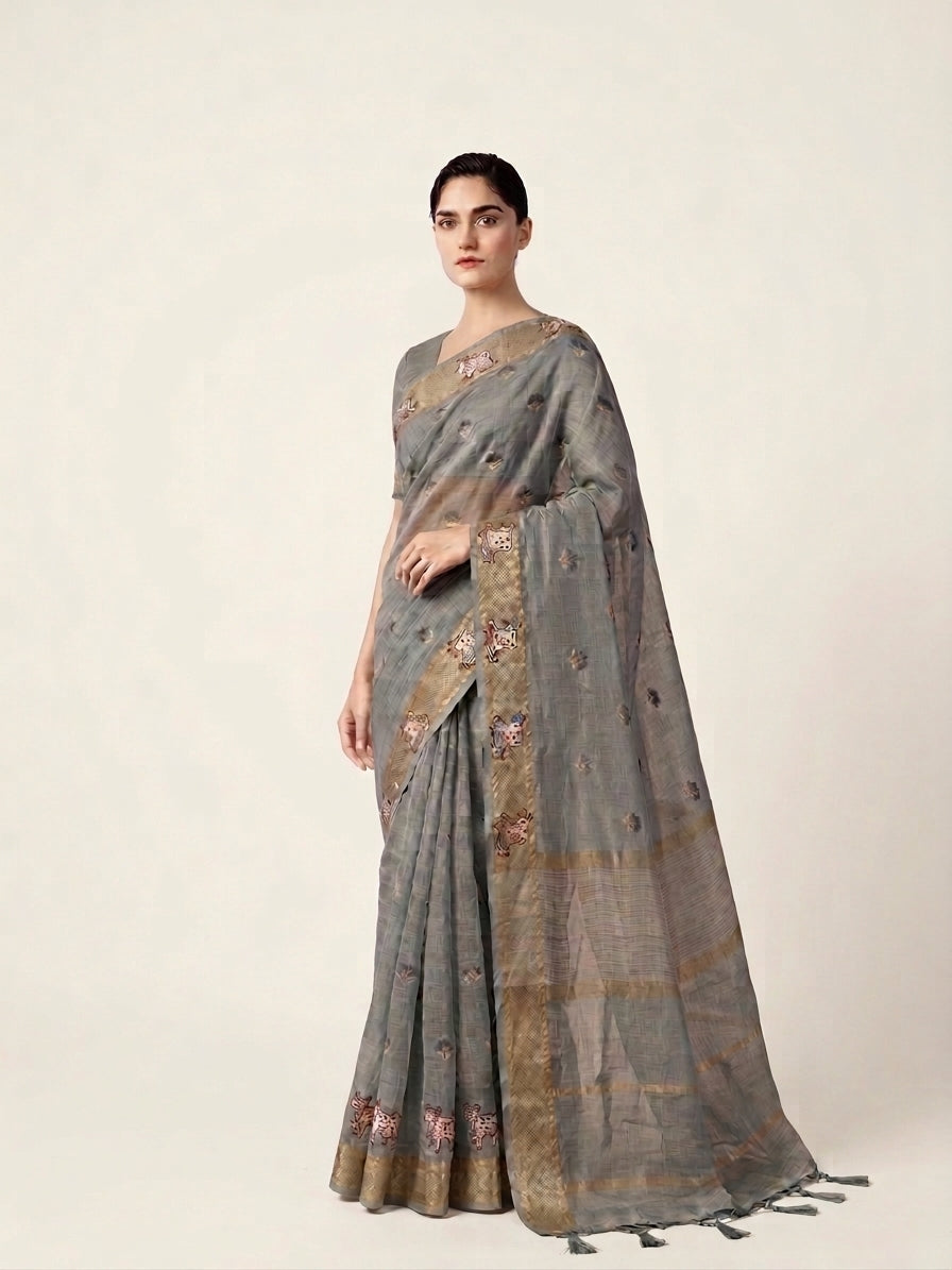 Gray Tissue Silk Pichwai Saree With Embroidery