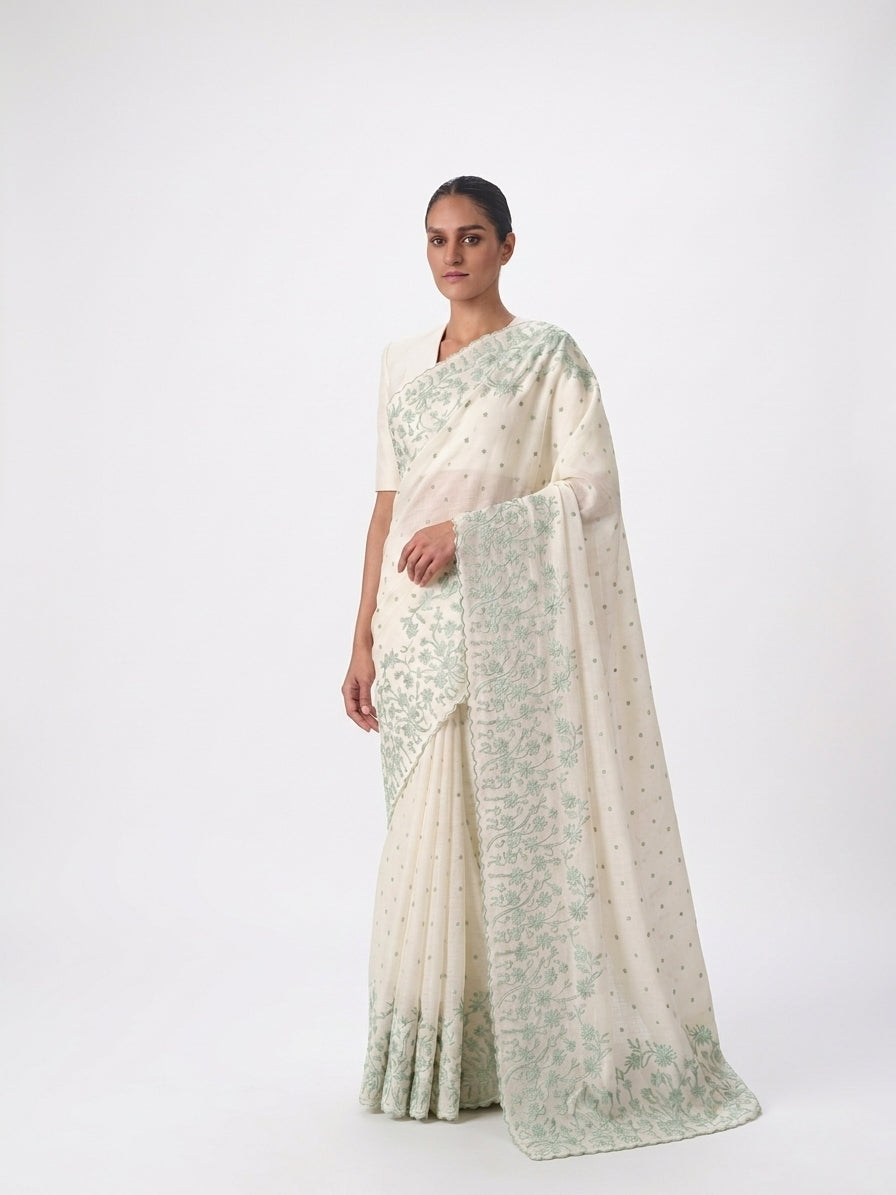 Ivory Kota With Floral Applique Saree