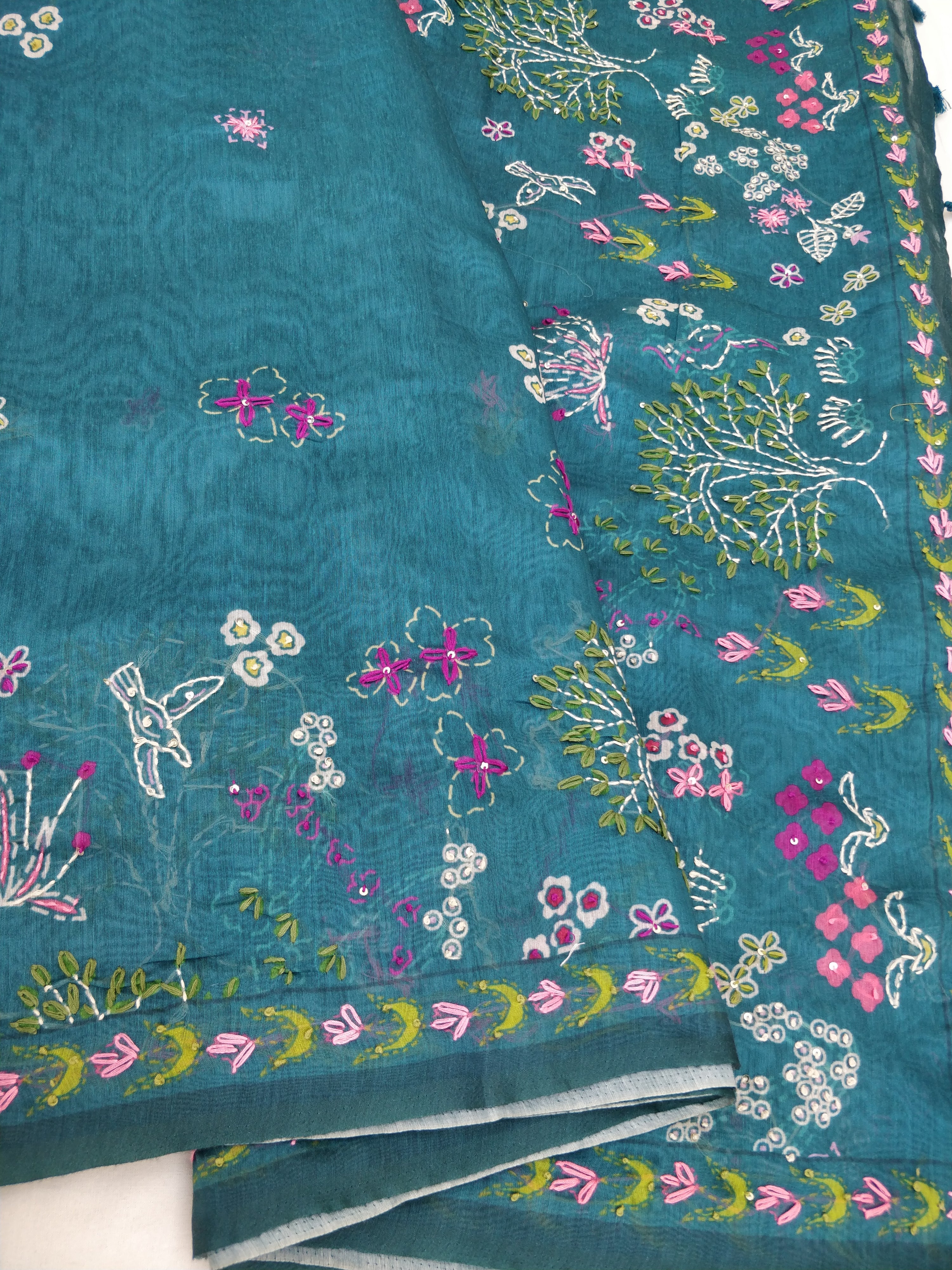 Rama Green Mul Chanderi Silk Digital Print With Embroidery Saree