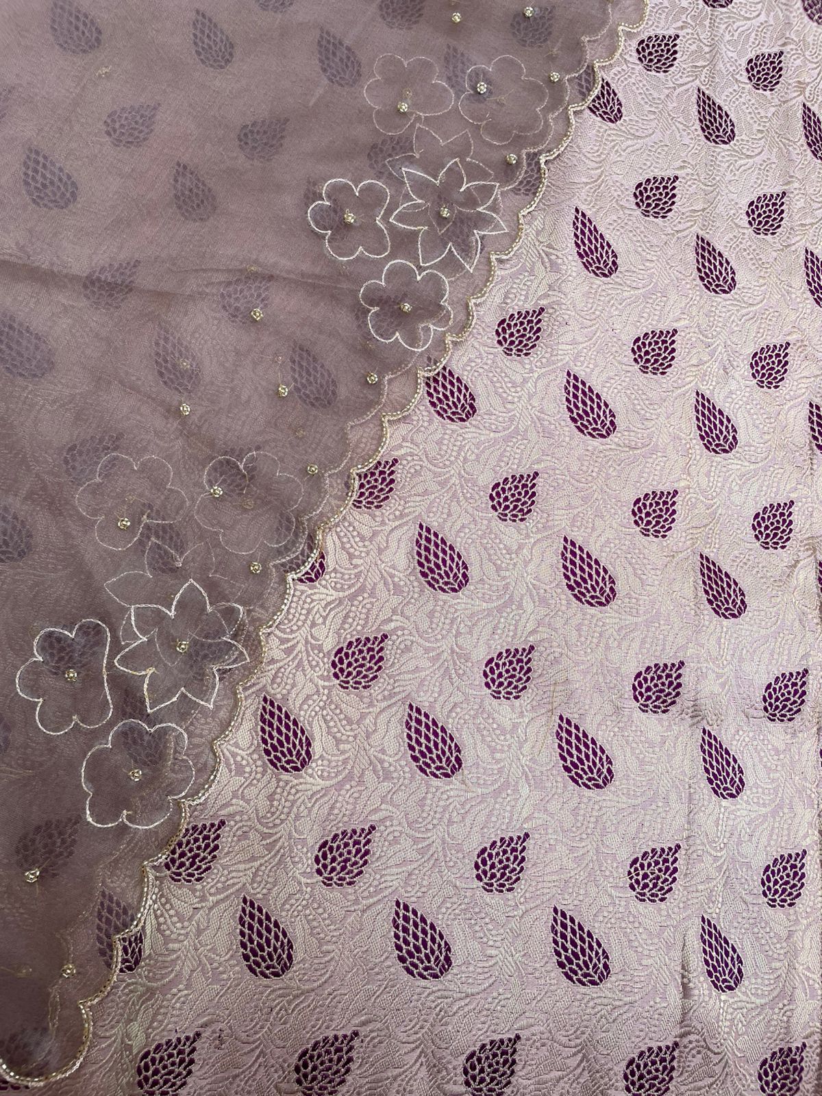 Beige Handwoven Pure Kataan Silk Banarasi Suit Set