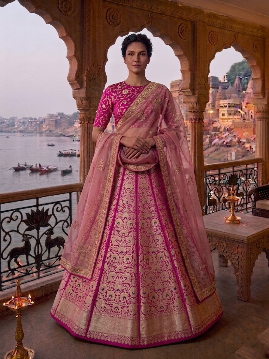 Guldasta Pink Handwoven Pure Silk Banarasi Lehenga