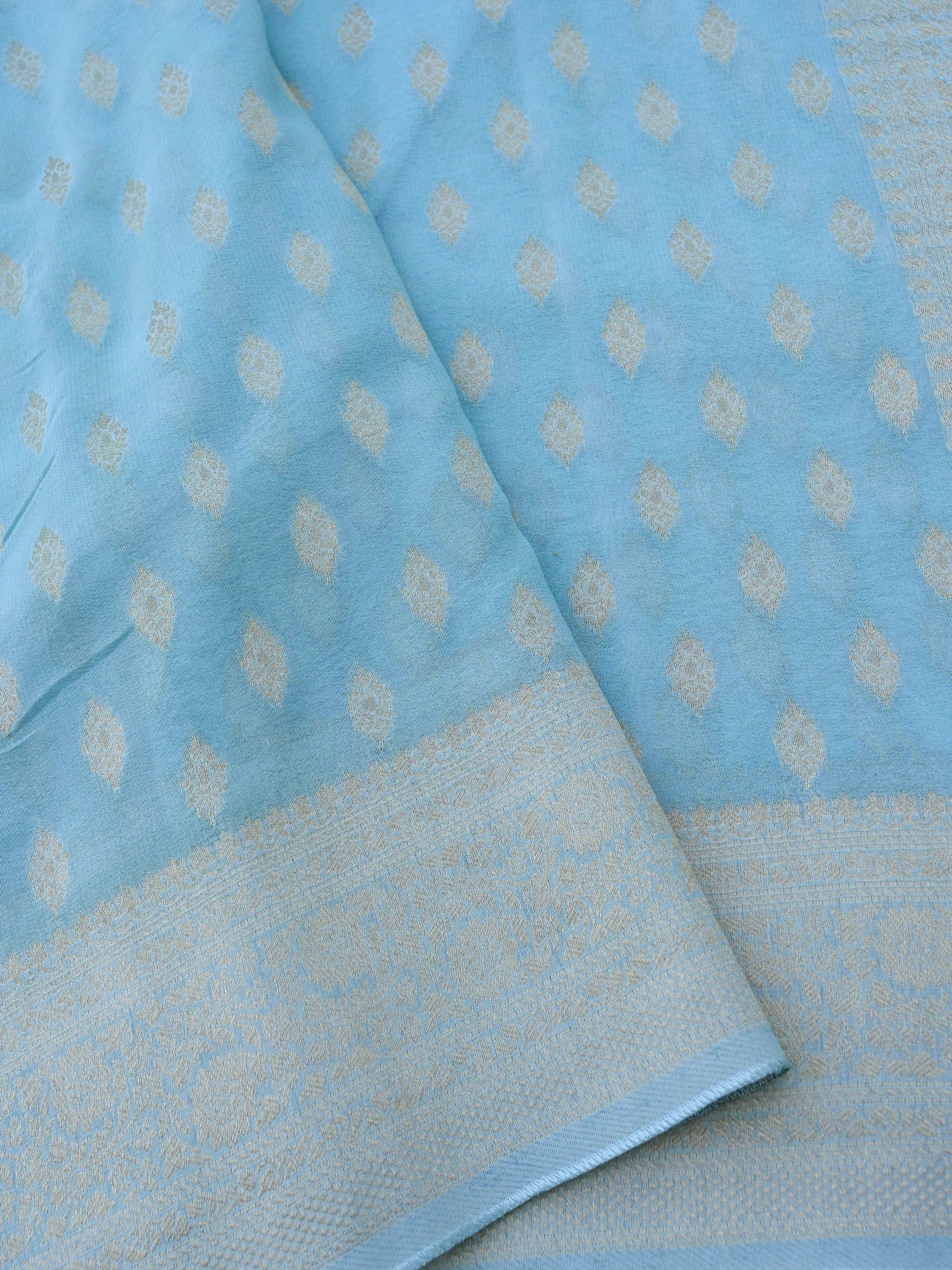 Sky Blue Georgette Silk Buti Banarasi Saree