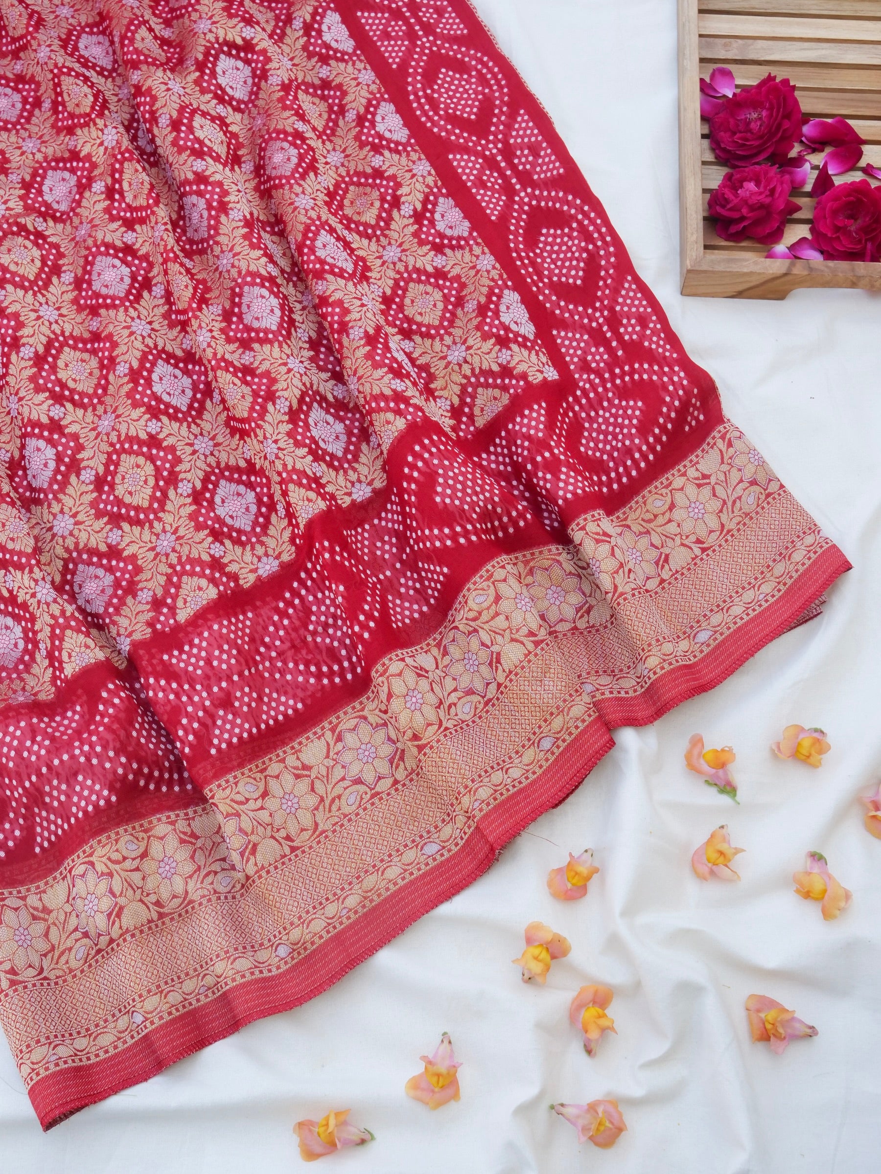 Red Bandhni Georgette Silk Banarasi Saree