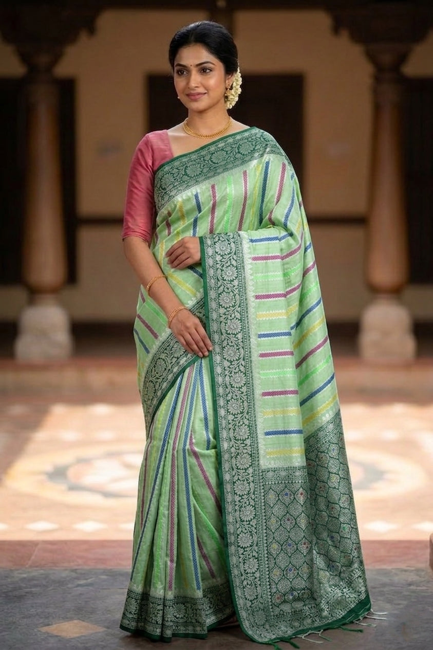 Green Raw Mango Silk Meena Striped Saree