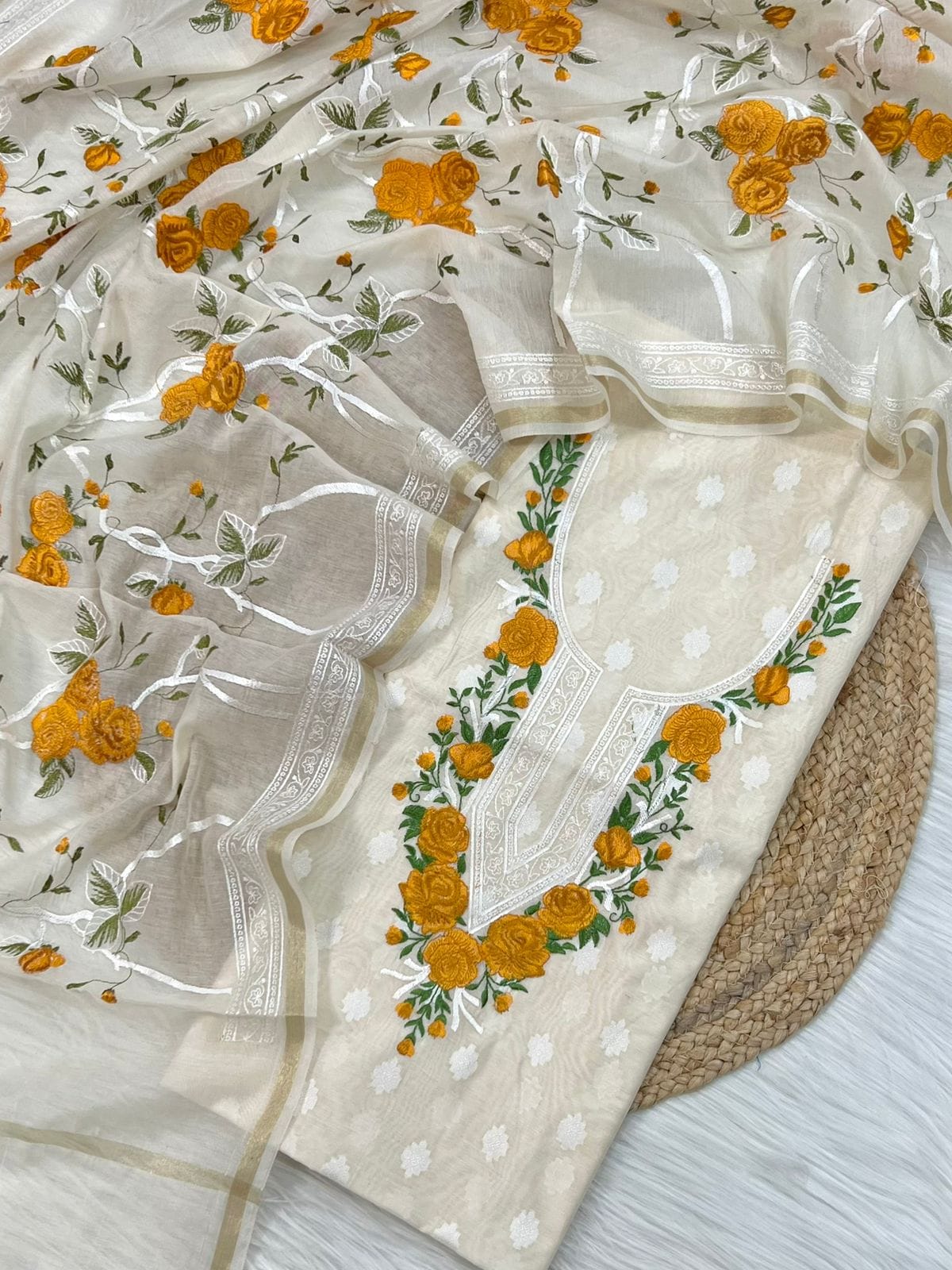 White Embroidered Yellow Threadwork Jacquard Suit Fabric with Kota Dupatta