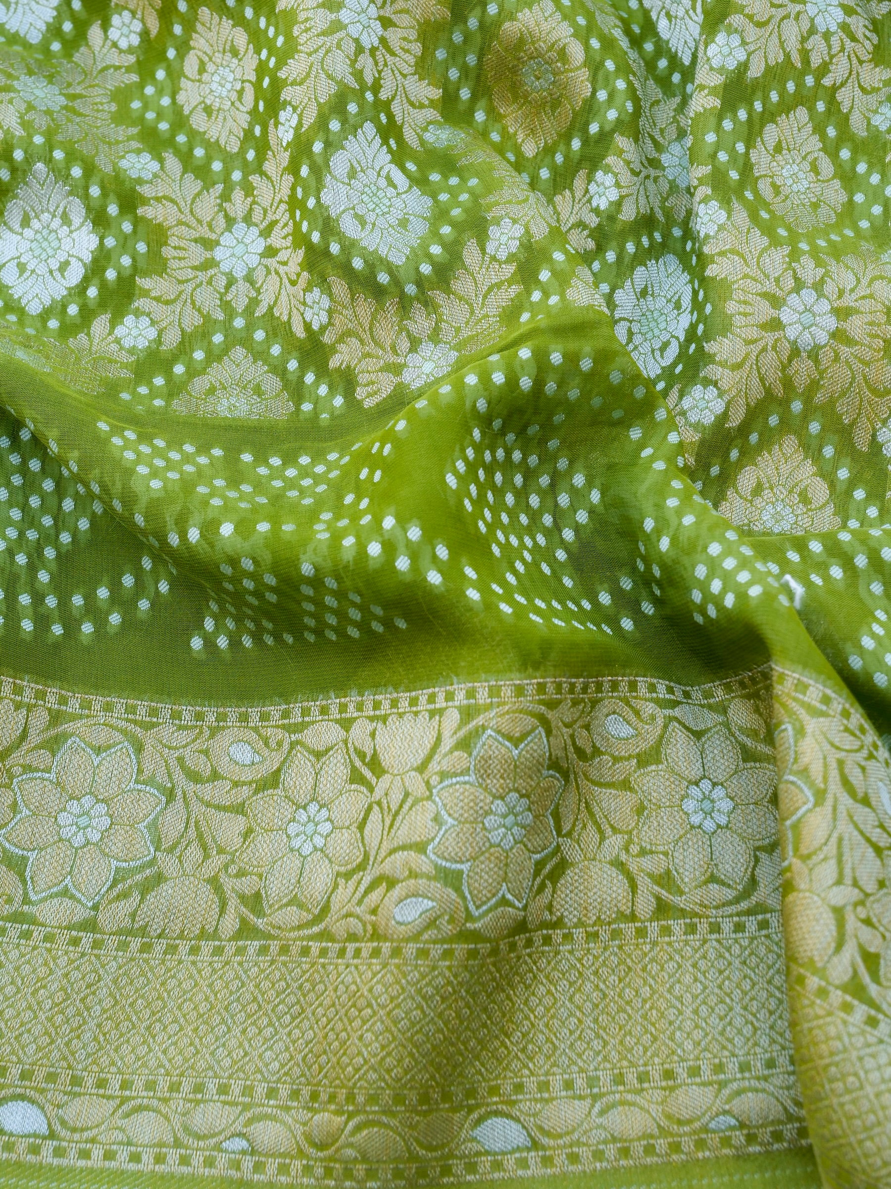Green Bandhani Georgette Silk Banarasi Saree