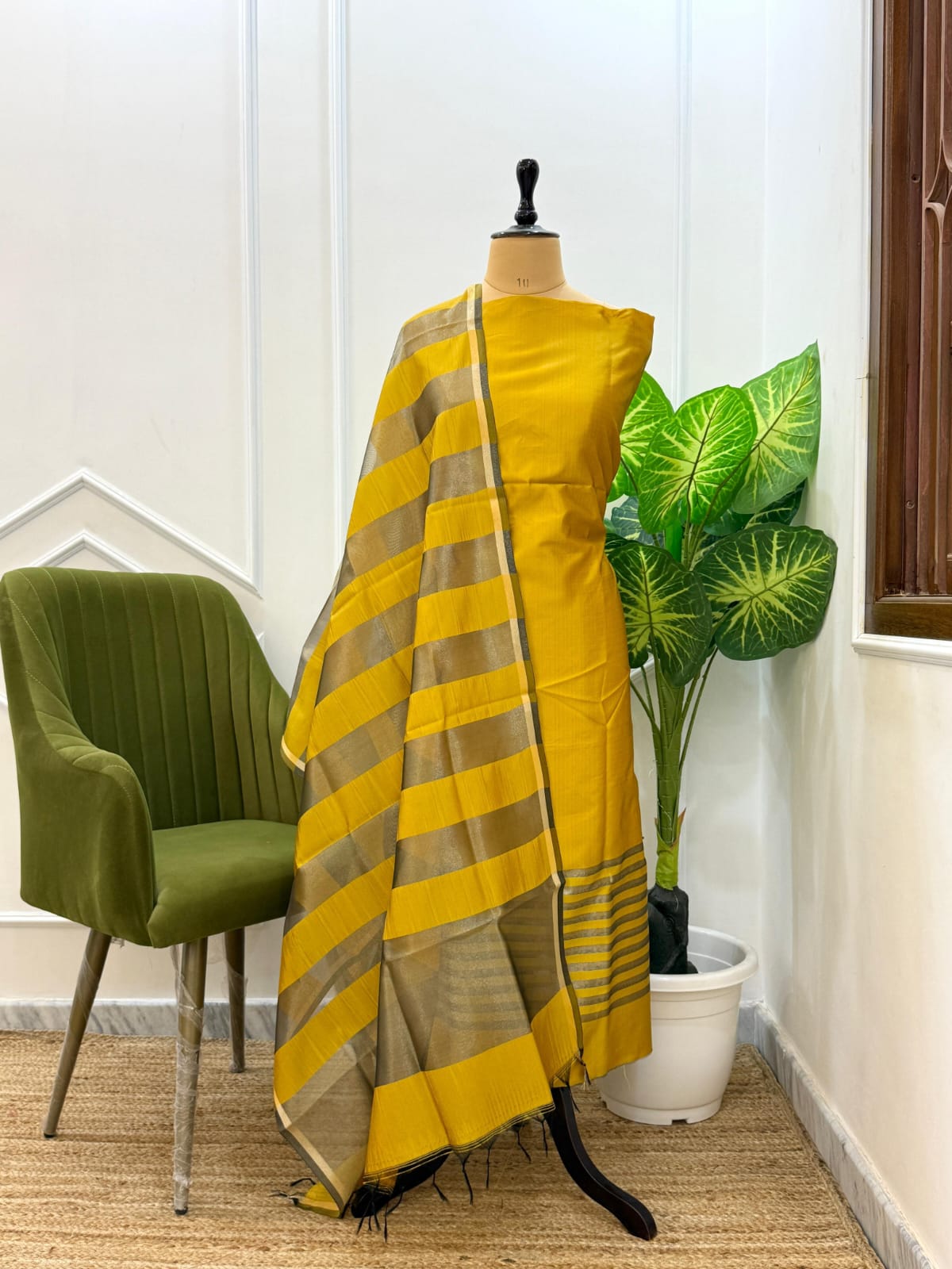 Yellow Cotton Silk Suit With Stripe Zari Dupatta