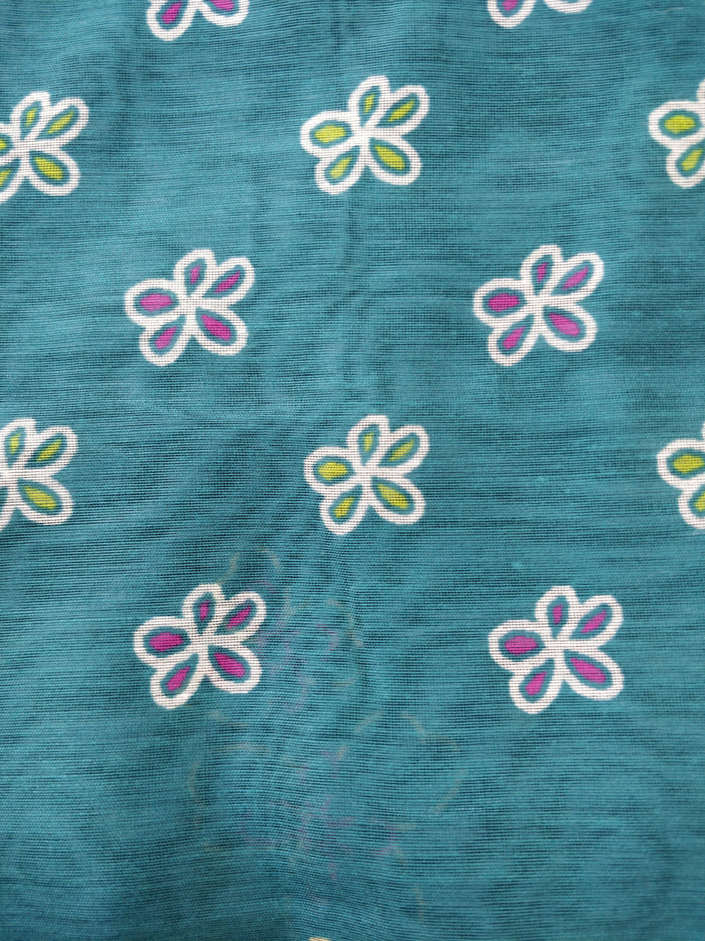 Rama Green Mul Chanderi Silk Digital Print With Embroidery Saree