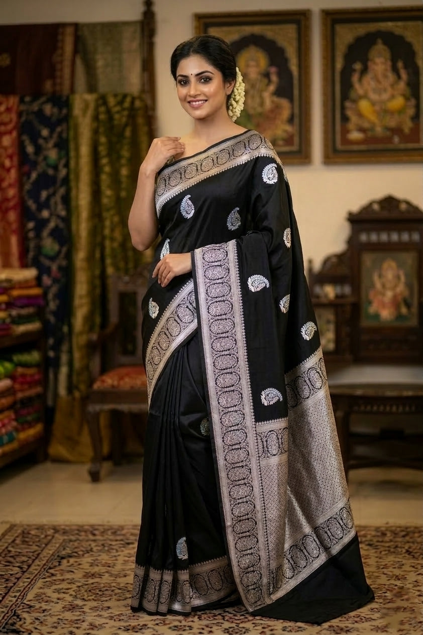 Black Sona- Rupa Buti Crepe Banarasi Saree