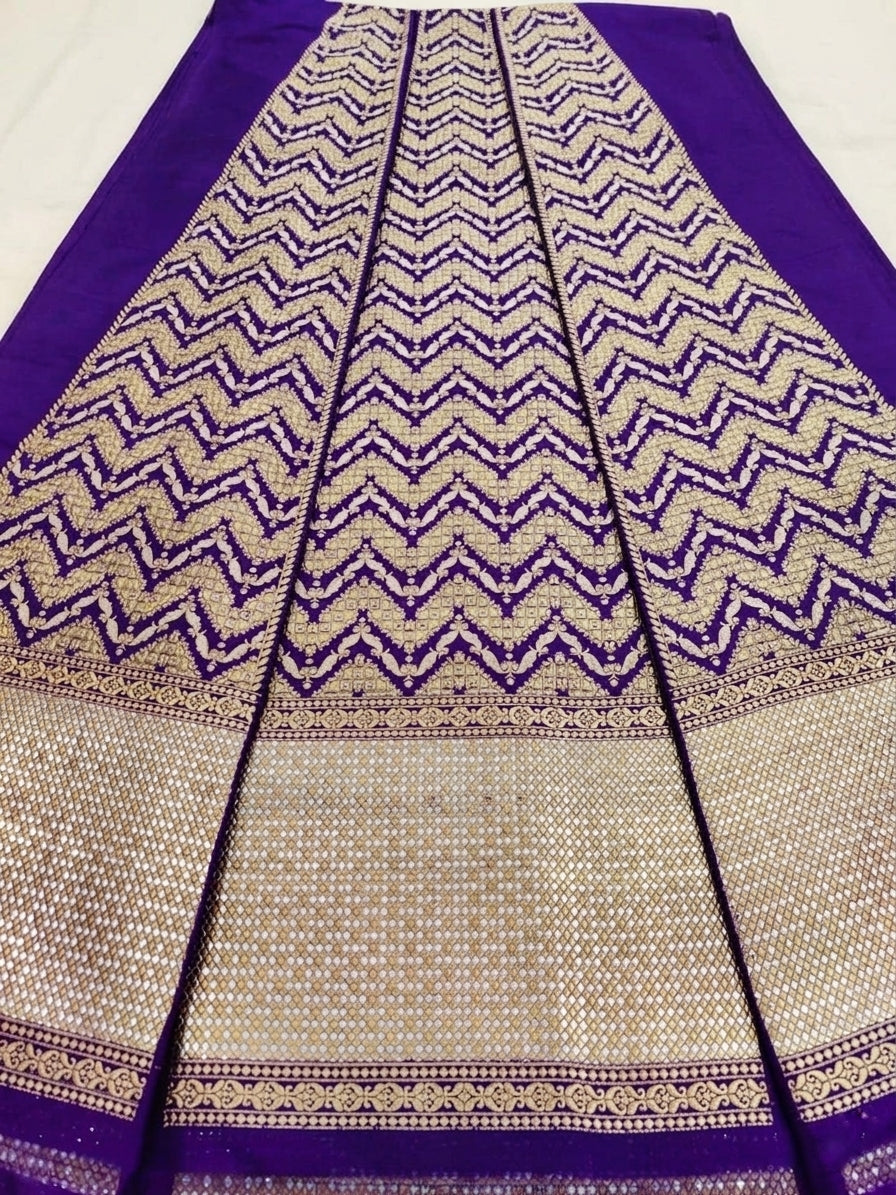 Purple Handwoven Pure Satin Silk Banarasi Zari Lehenga Panels