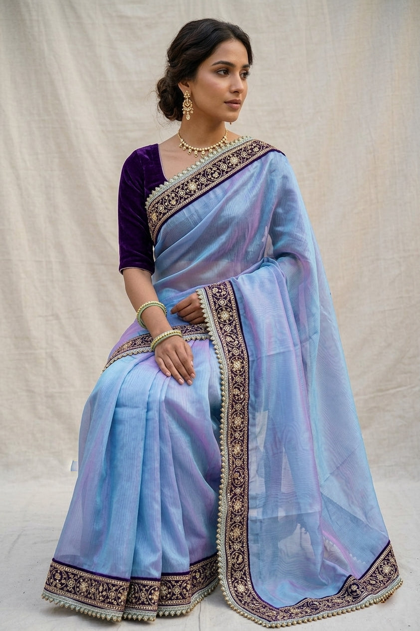 Purple Tissue Silk Saree with Lace Border