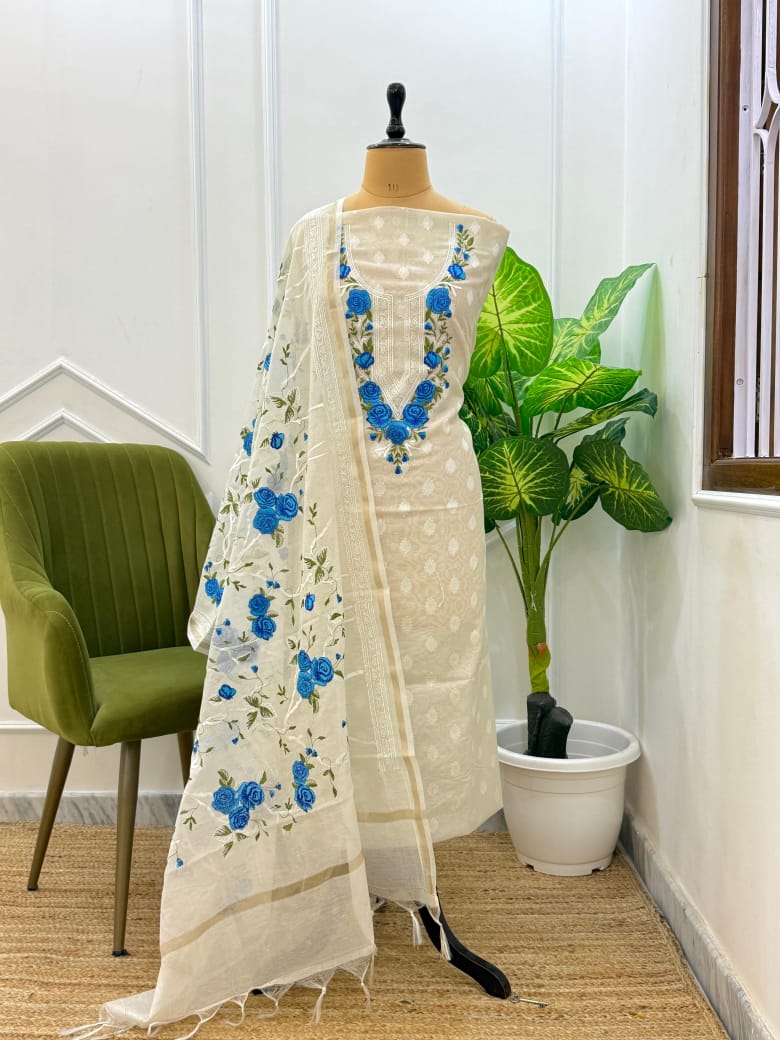 White Embroidered Blue Threadwork Jacquard Suit Fabric with Kota Dupatta