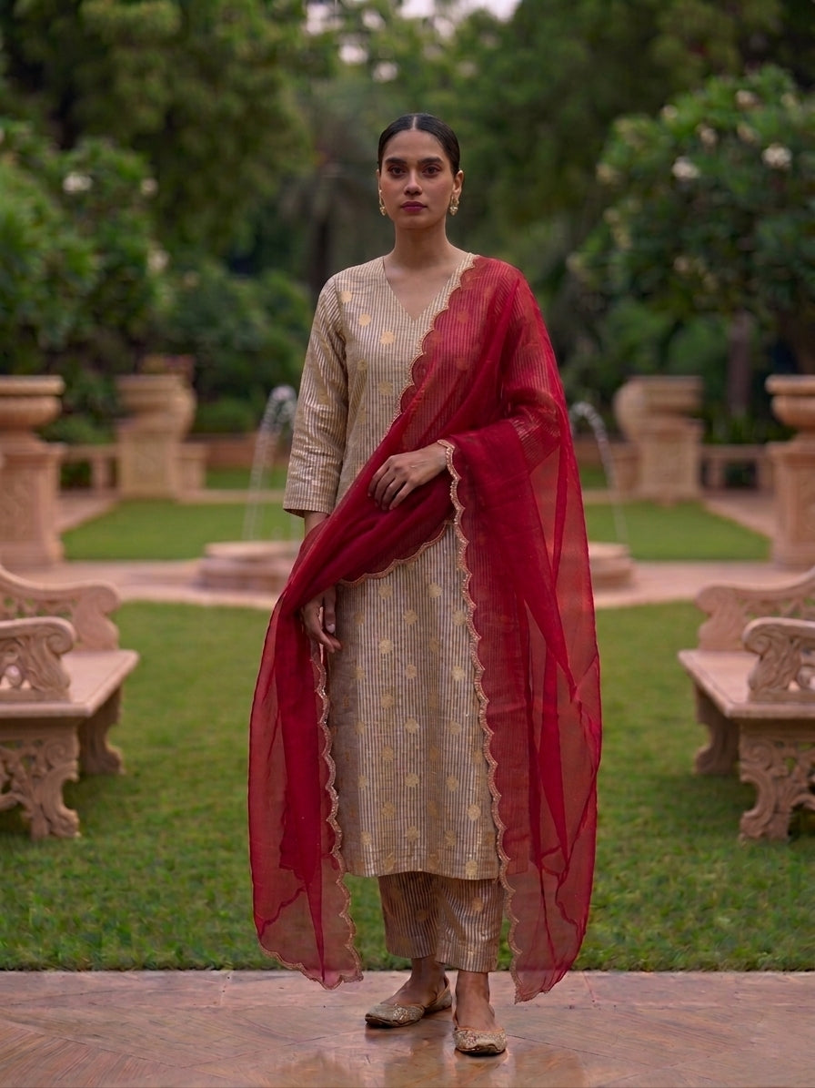 Golden Beige Handwoven Pure Tissue Silk Banarasi Suit Set