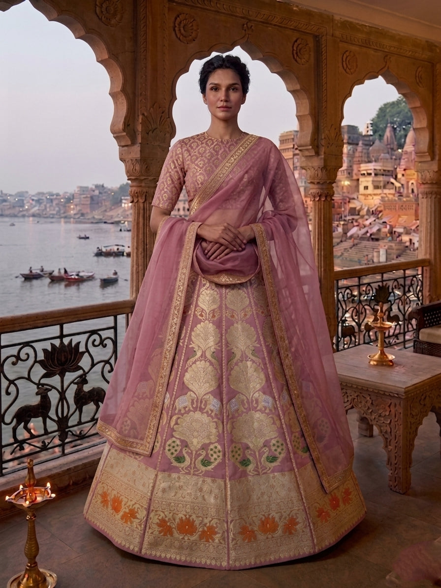 Vantara Pink Handwoven Pure Silk Banarasi Lehenga