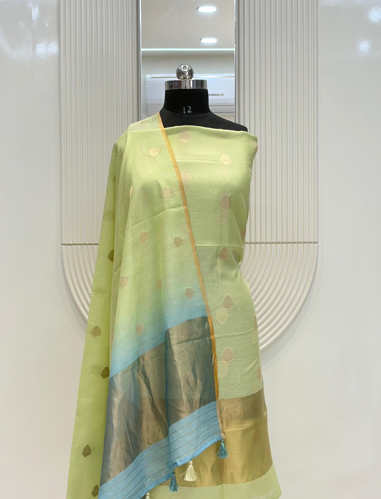 Light Green Pure Chanderi Silk Zari Buti Suit Fabric