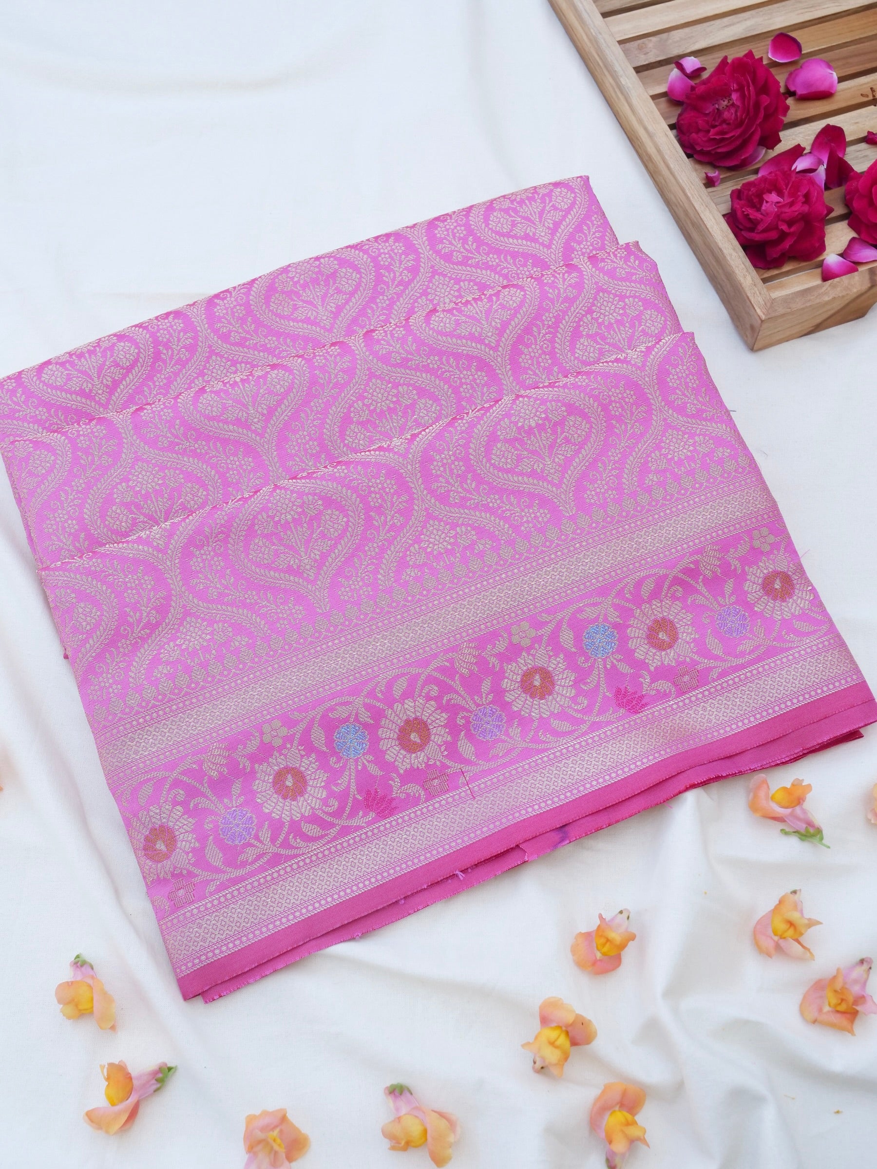 Light Pink Kataan Silk Meena Jangla Banarasi Saree