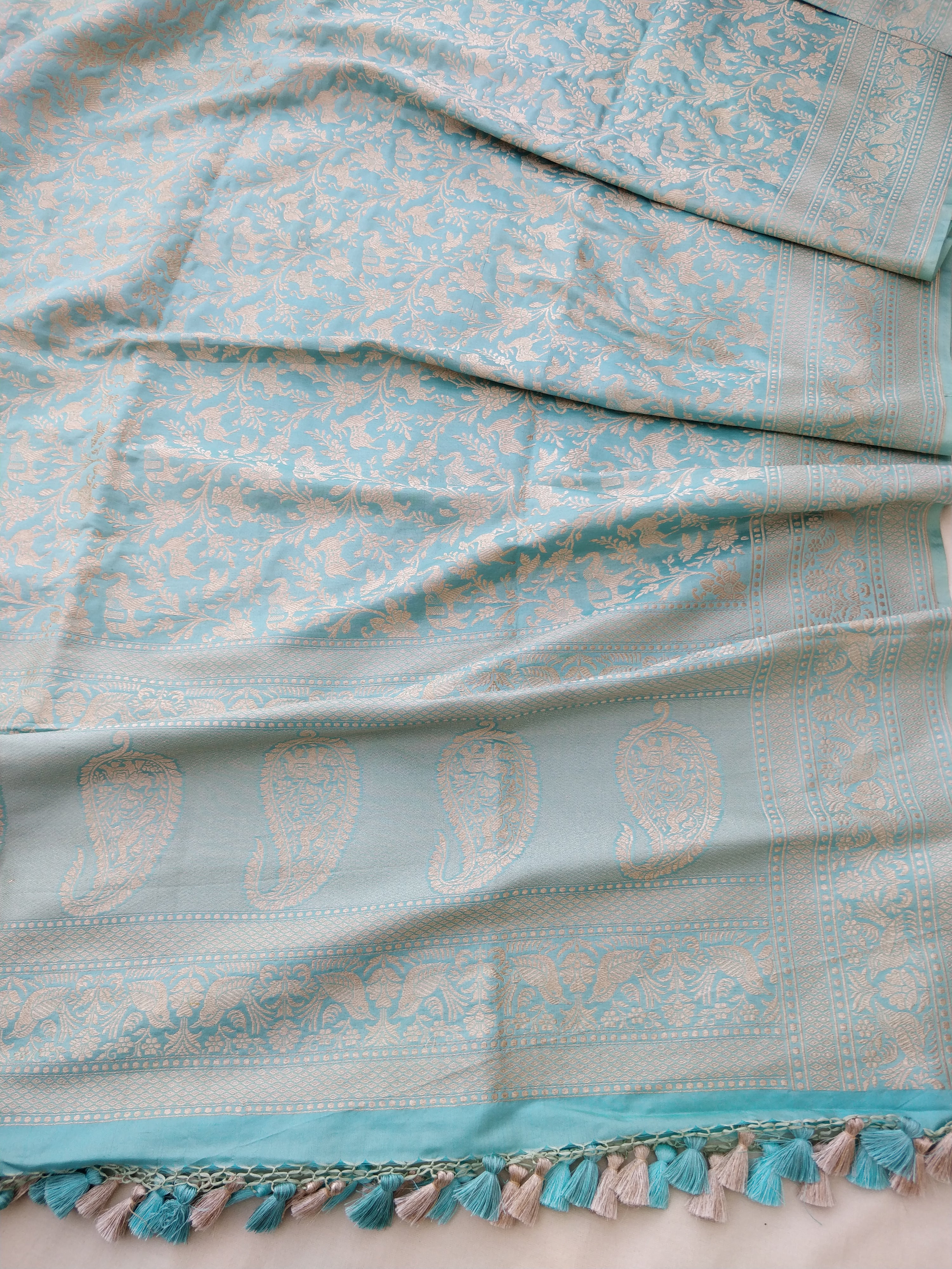 Light Blue Handwoven Shikargah Pure Silk Banarasi Dupatta