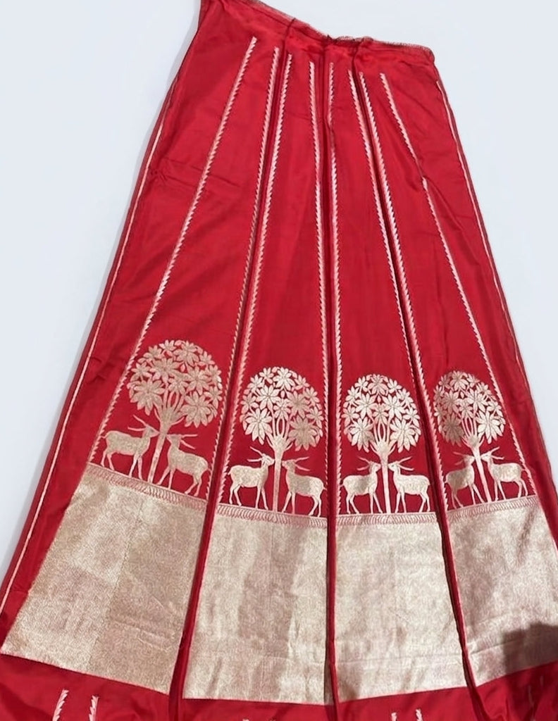 Red Handwoven Satin Silk Kadhua Shikargah Lehenga Panels
