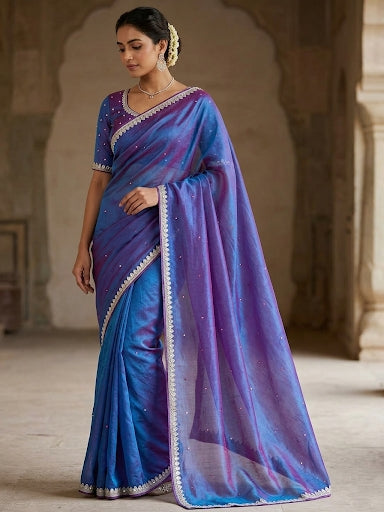 Peacock Blue Tissue Silk Saree with Lace Border