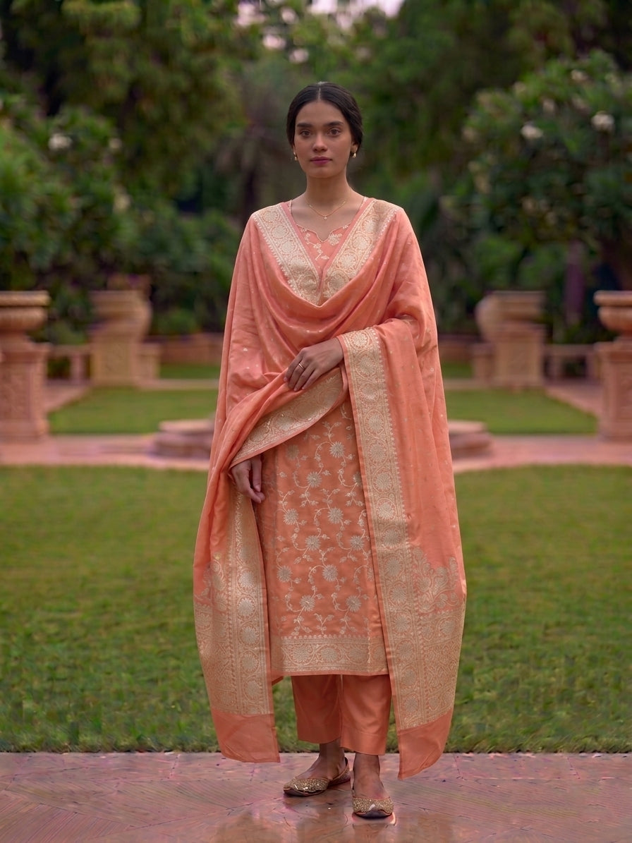 Light Pink Munga Silk Unstitched Banarasi Suit Fabric