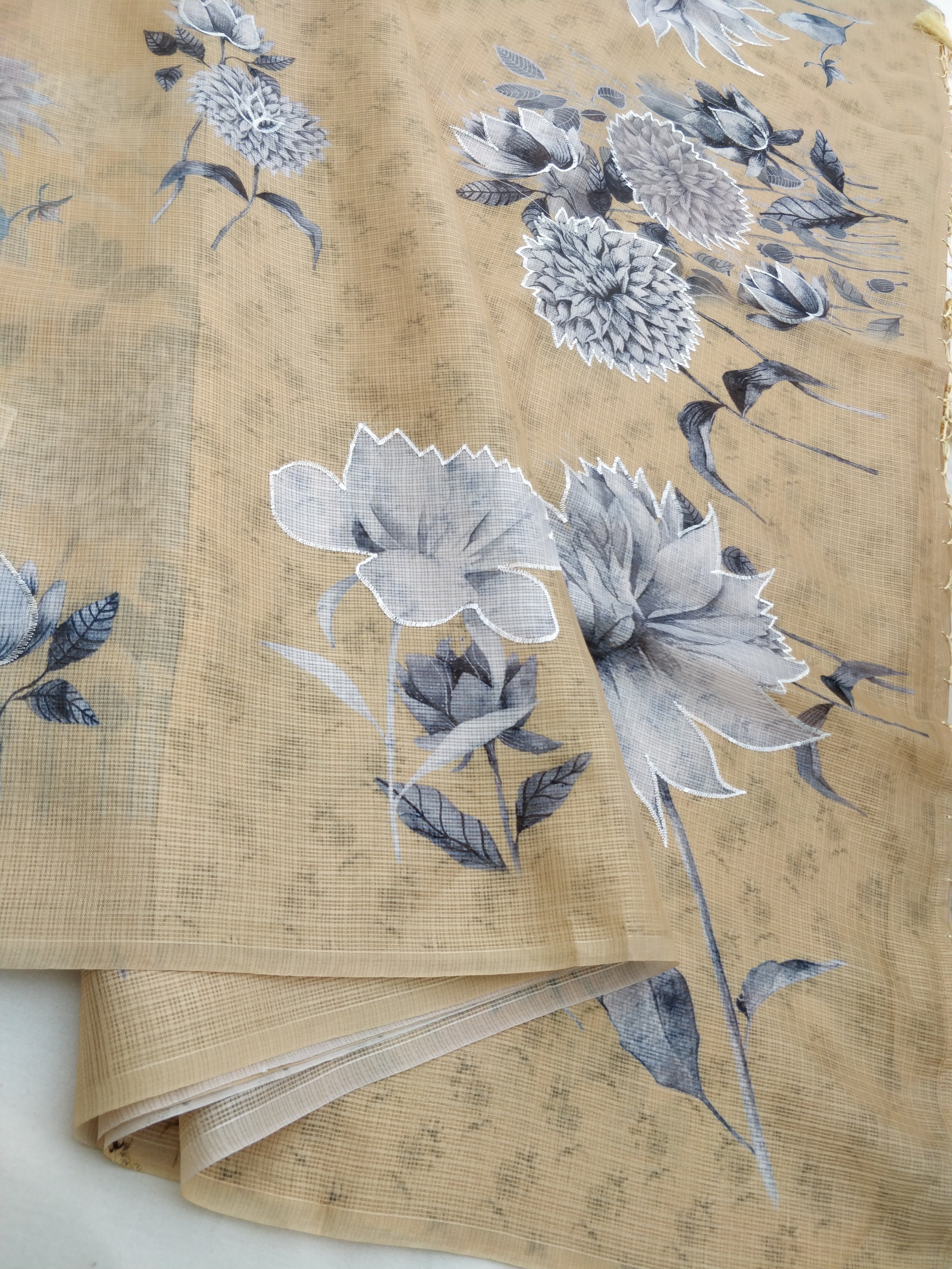 Yellow Kota Floral Print With Embroidery Saree