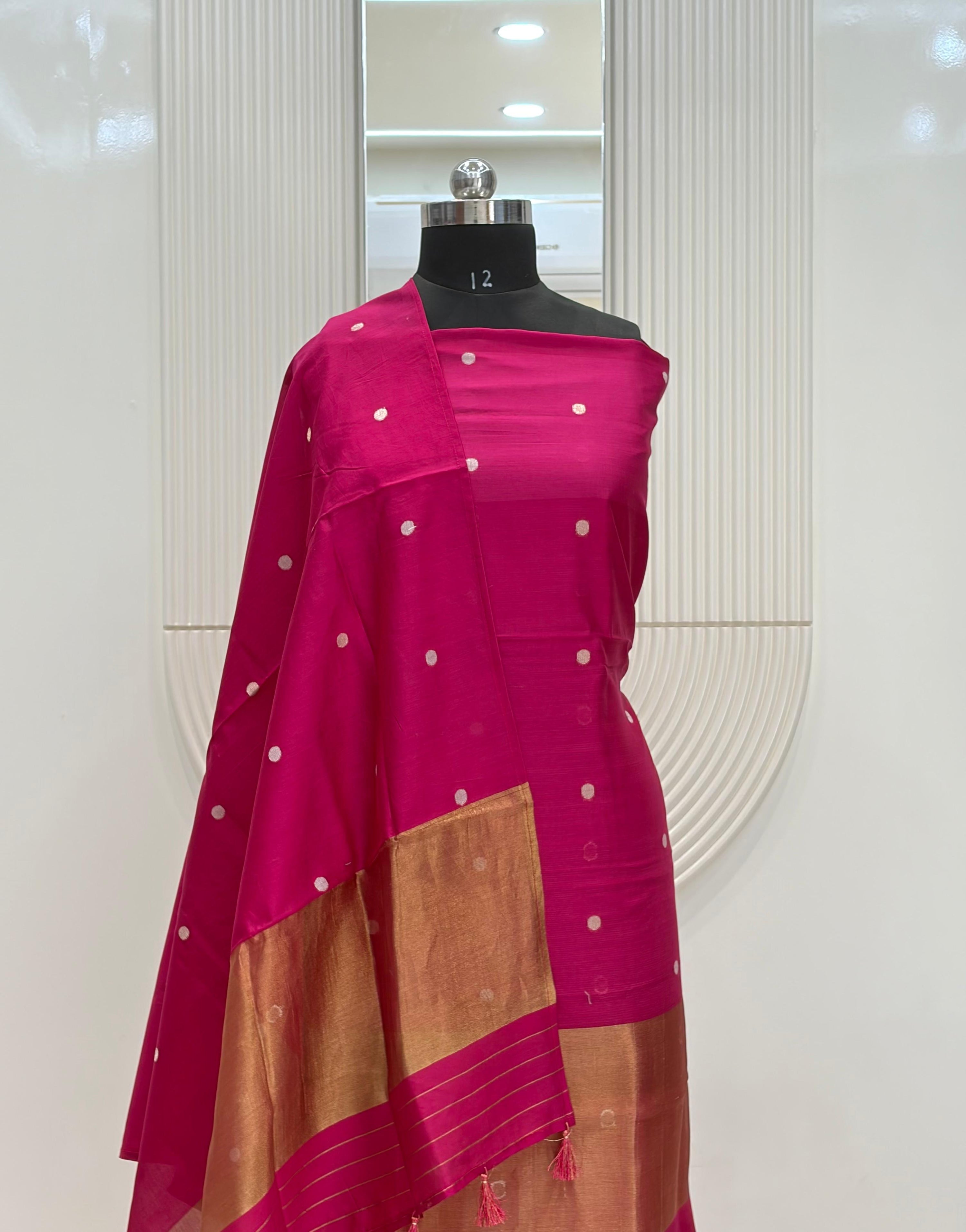 Pink Mul Chanderi Silk Zari Buti Suit Fabric