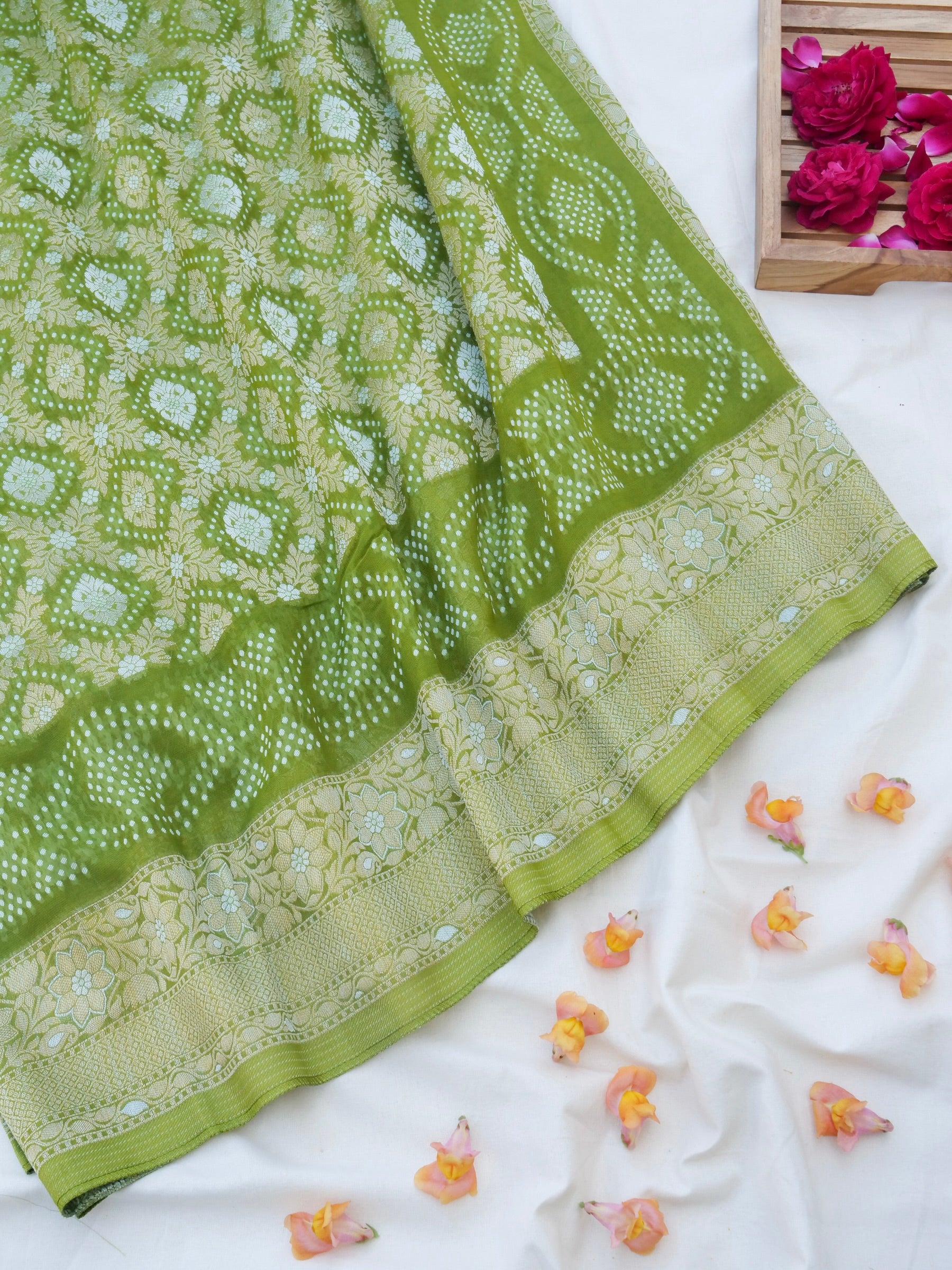 Green Bandhani Georgette Silk Banarasi Saree