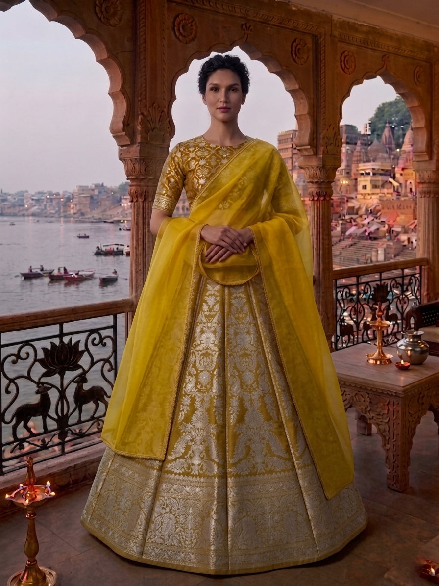 Vibha Golden Handwoven Pure Silk Banarasi Lehenga Panels