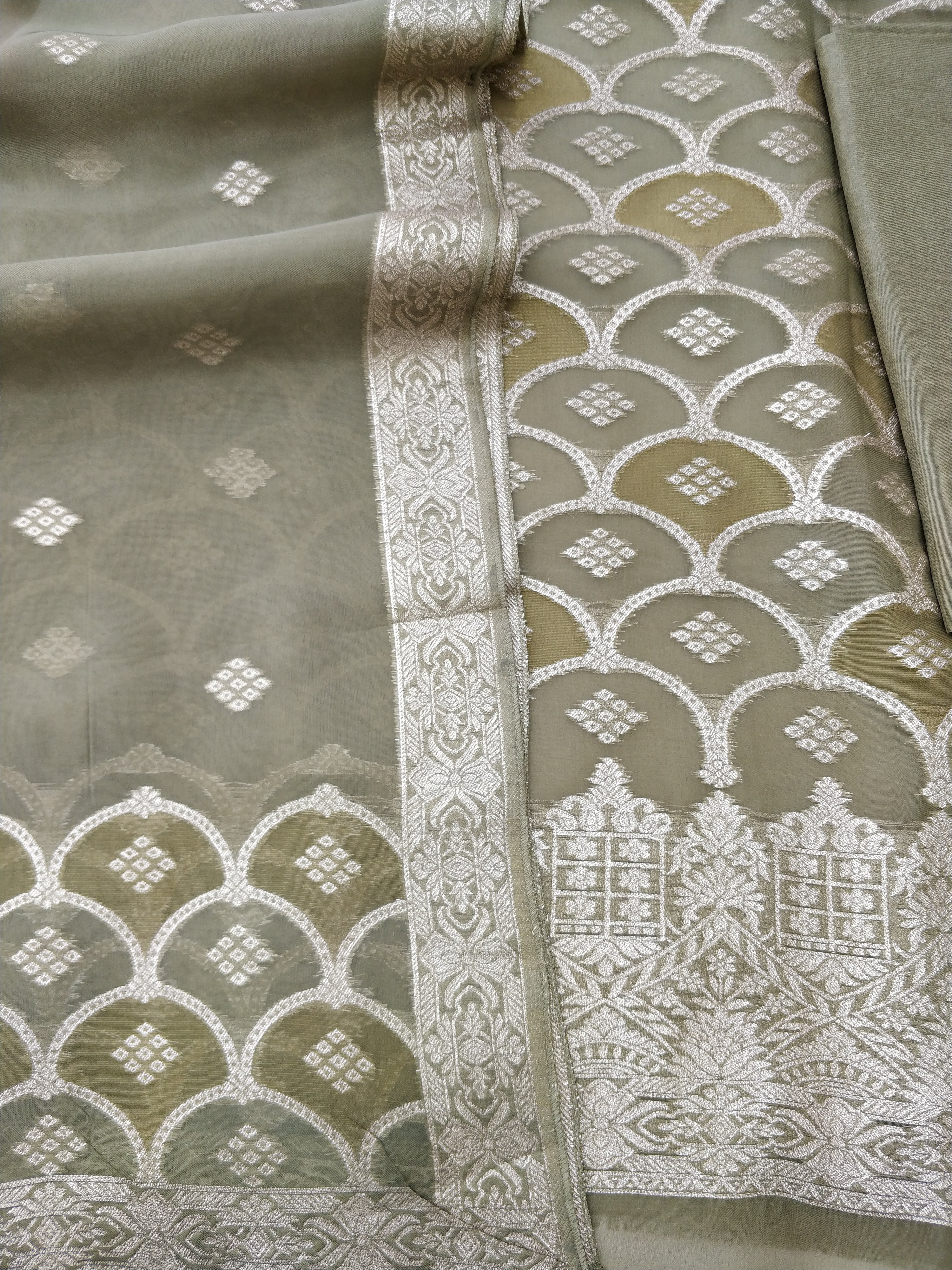 Olive Green Organza Banarasi Suit Set