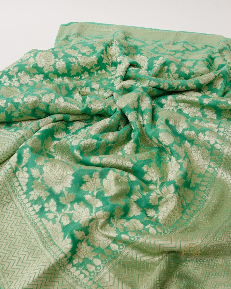 Green Handloom Georgette Jaal Banarasi Saree