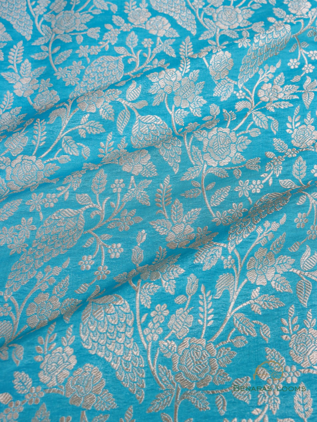 Blue Handwoven Pure Kataan Silk Brocade Jaal Banarasi Fabric