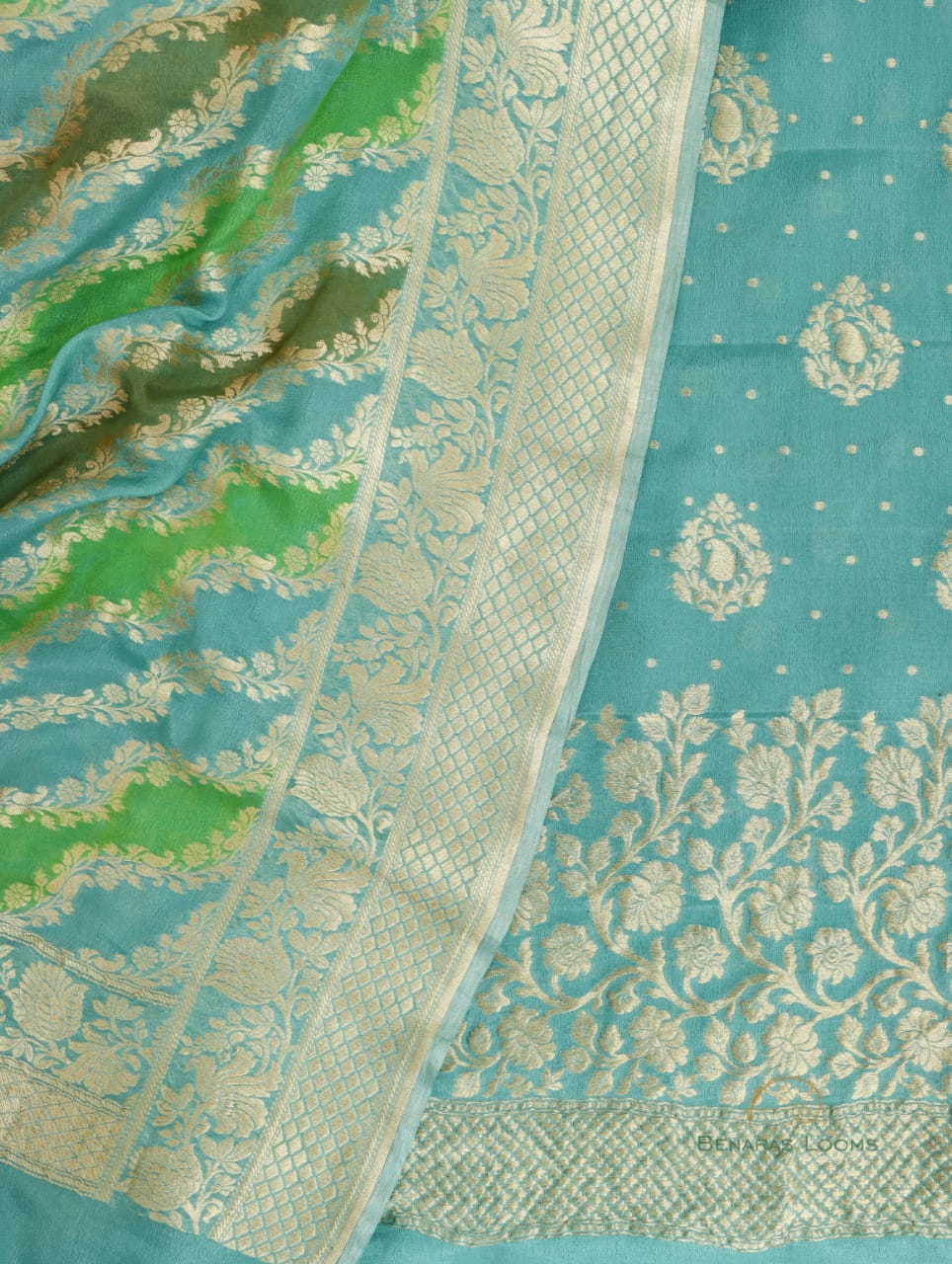 Teal Handwoven Pure Georgette Banarasi Suit Fabric with Georgette Dupatta