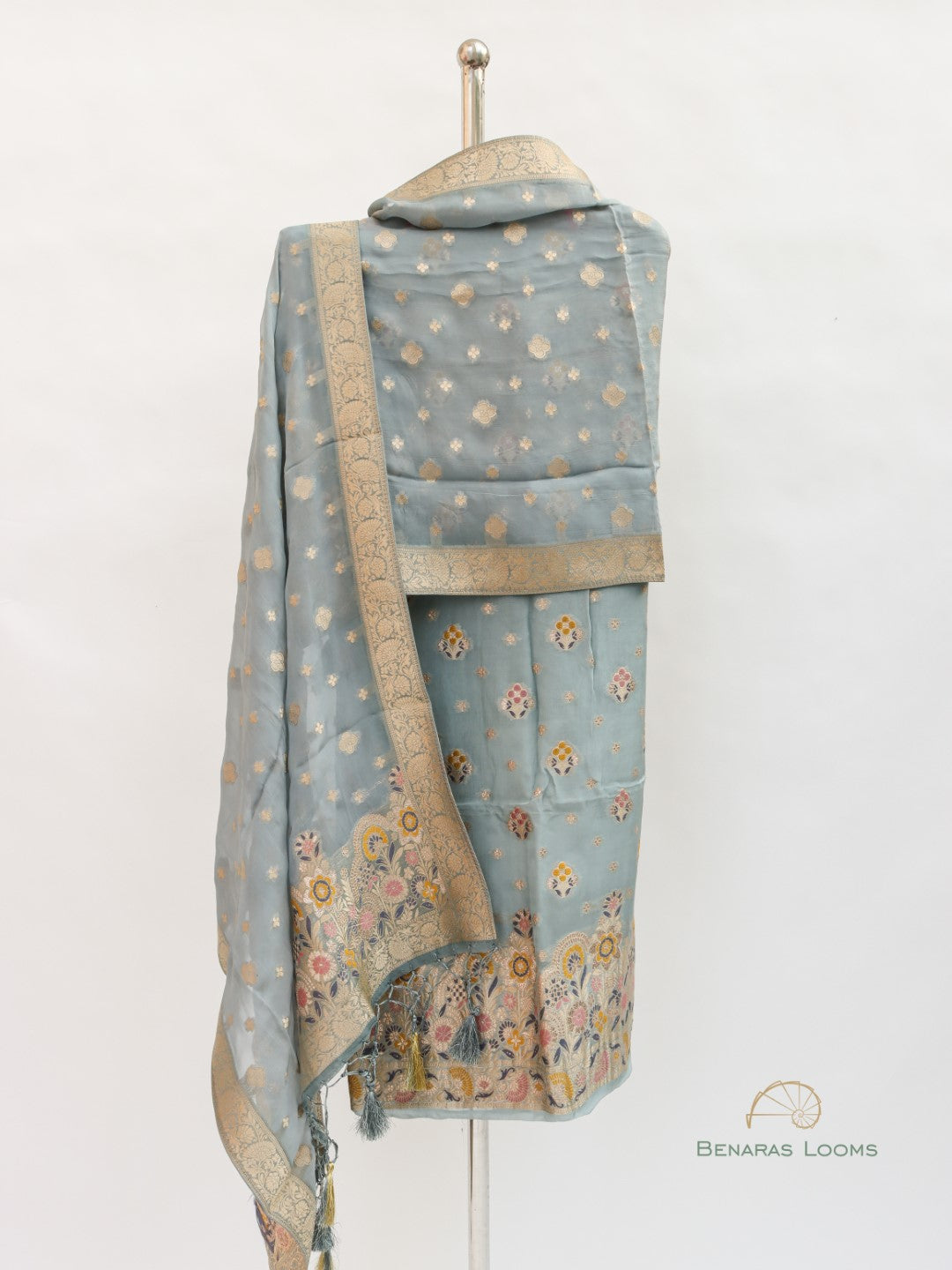 Gray Handwoven Banarasi Pure Organza Silk Unstitched Suit Set