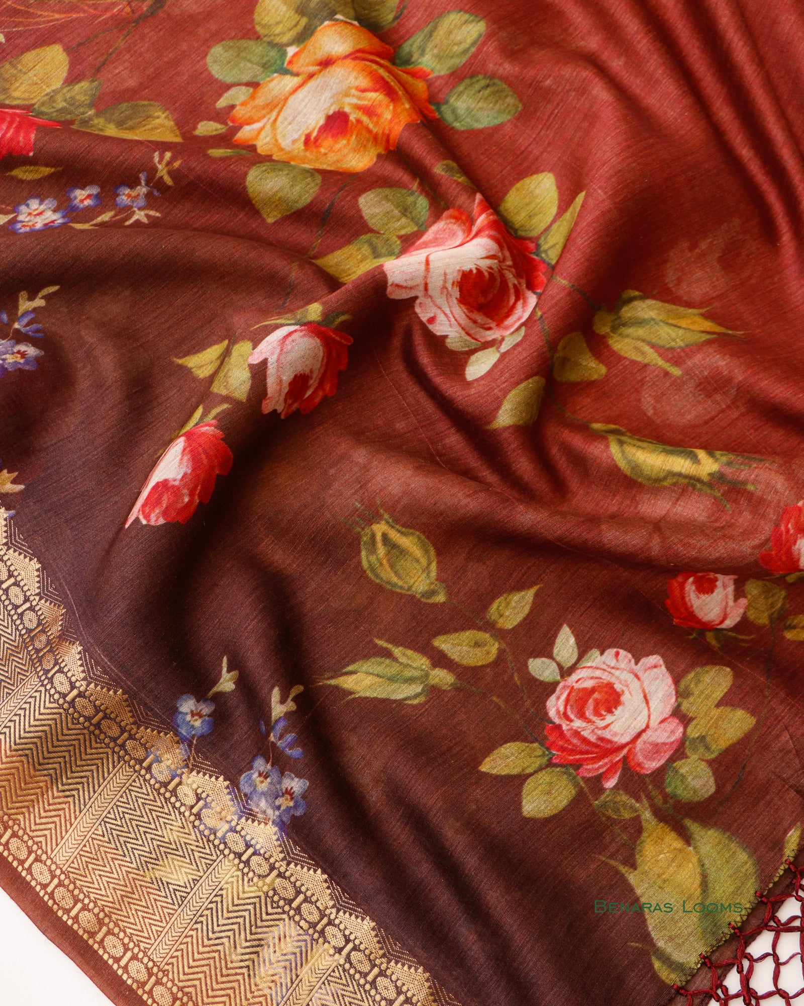 Brown Pure Munga Silk Floral Digial Print Dupatta