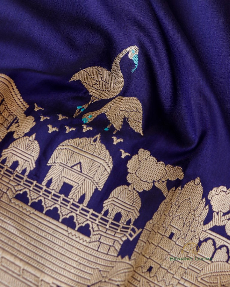 Navy Blue Pure Kataan Silk Shikargah Kadhua Dupatta