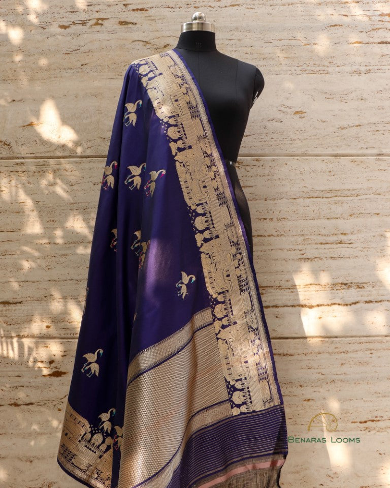 Navy Blue Pure Kataan Silk Shikargah Kadhua Dupatta