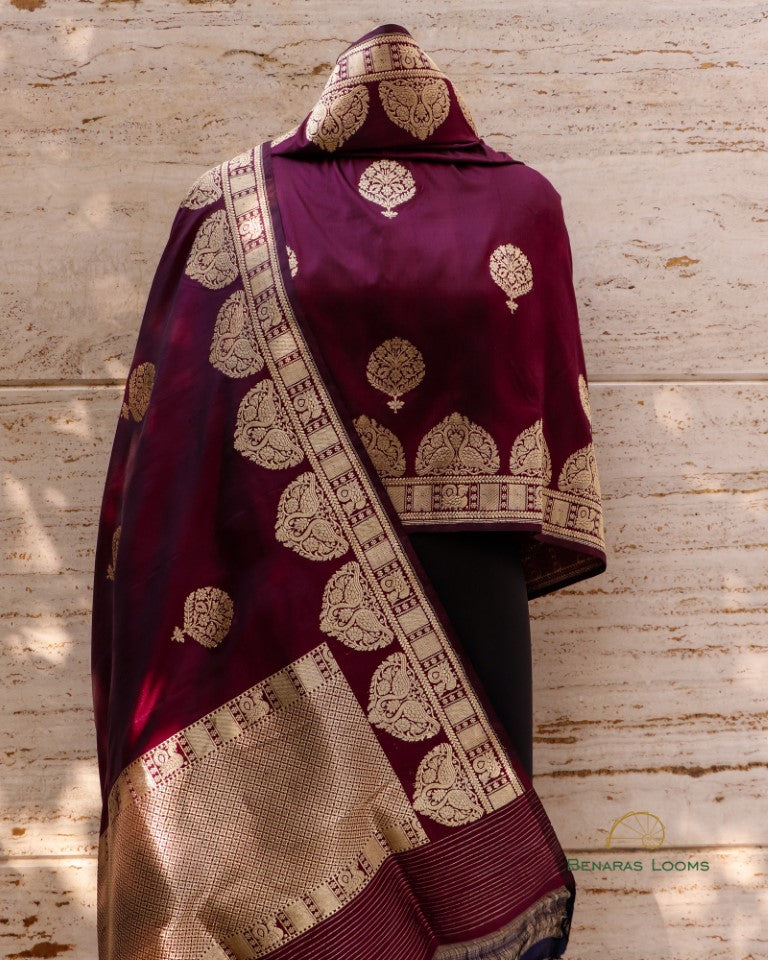 Wine Handwoven Pure Kataan Silk Kadhua Shikargah Dupatta