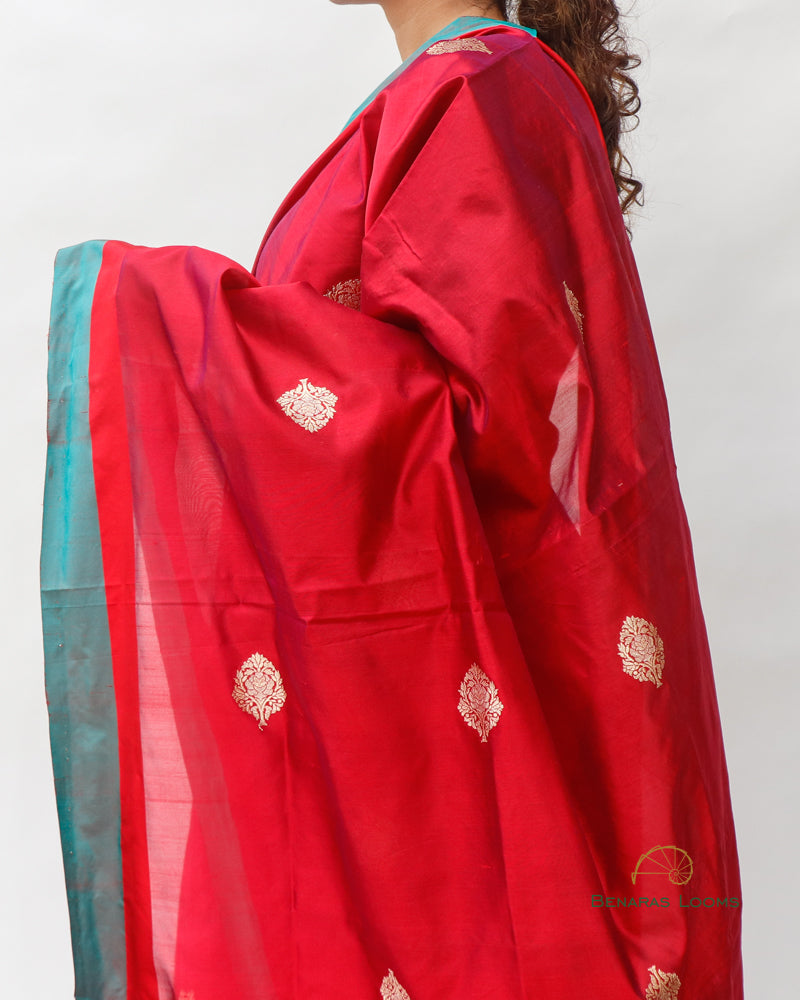 Red Pure Kataan Silk Kadhua Buti Dupatta with Satin Border