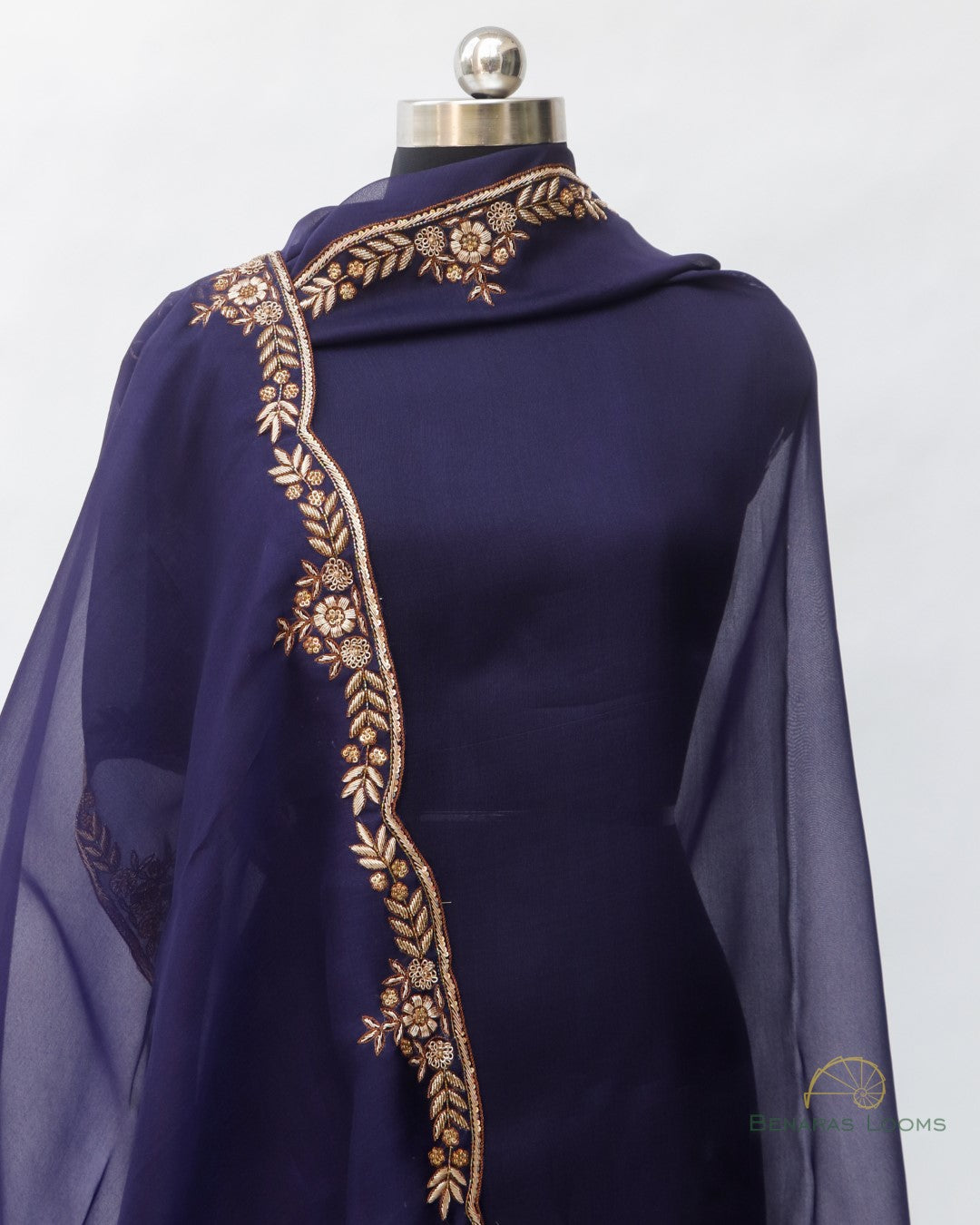 Navy Blue Pure Organza Banarasi Dupatta