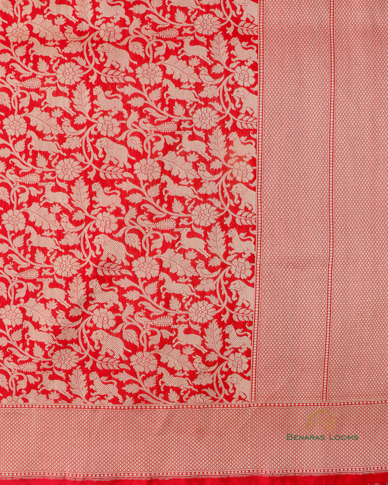 Red Handwoven Pure kataan Silk Shikaargah Brocade Jaal Benarasi Saree