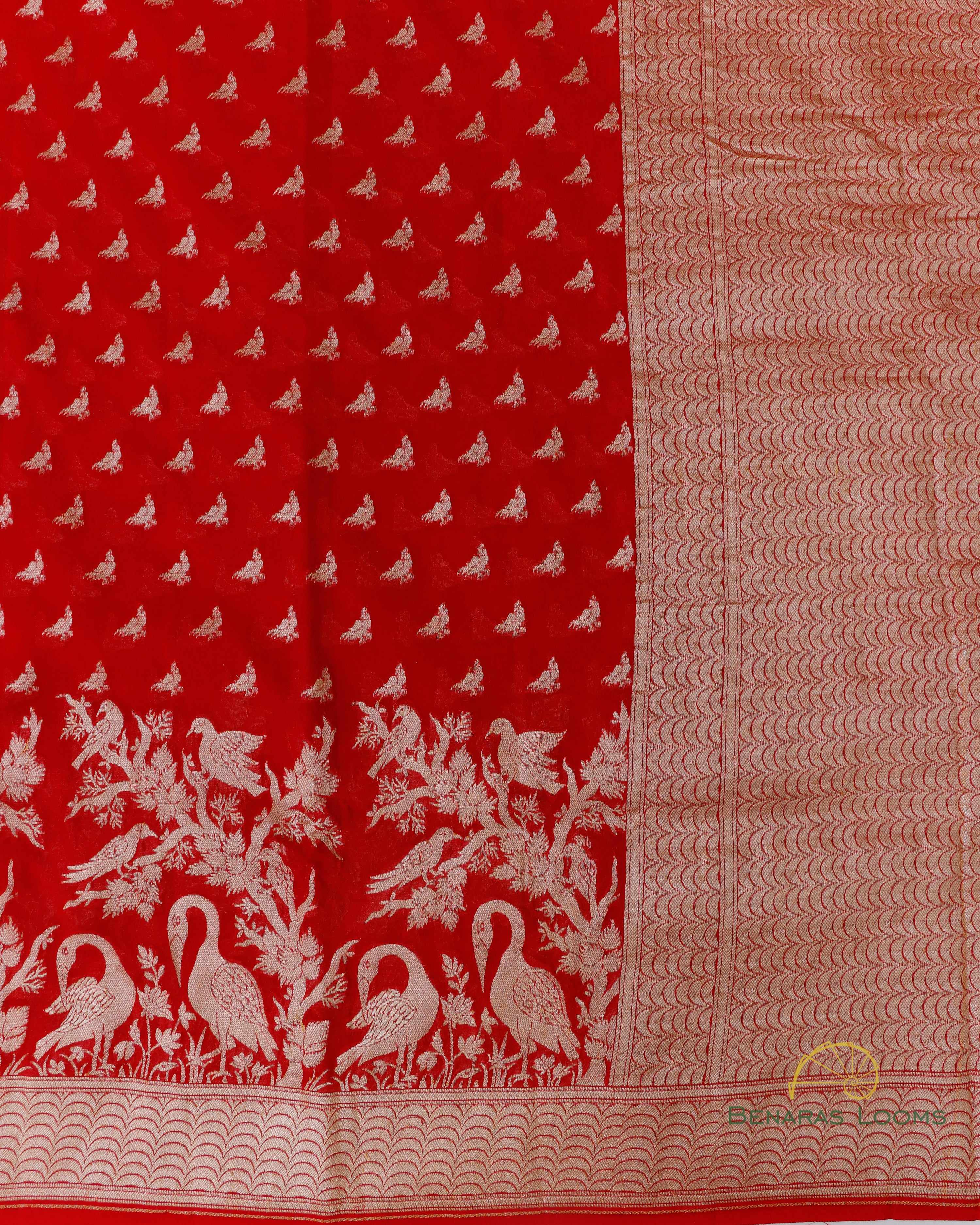 Red Handwoven Pure Georgette Shikargah Banarasi Saree